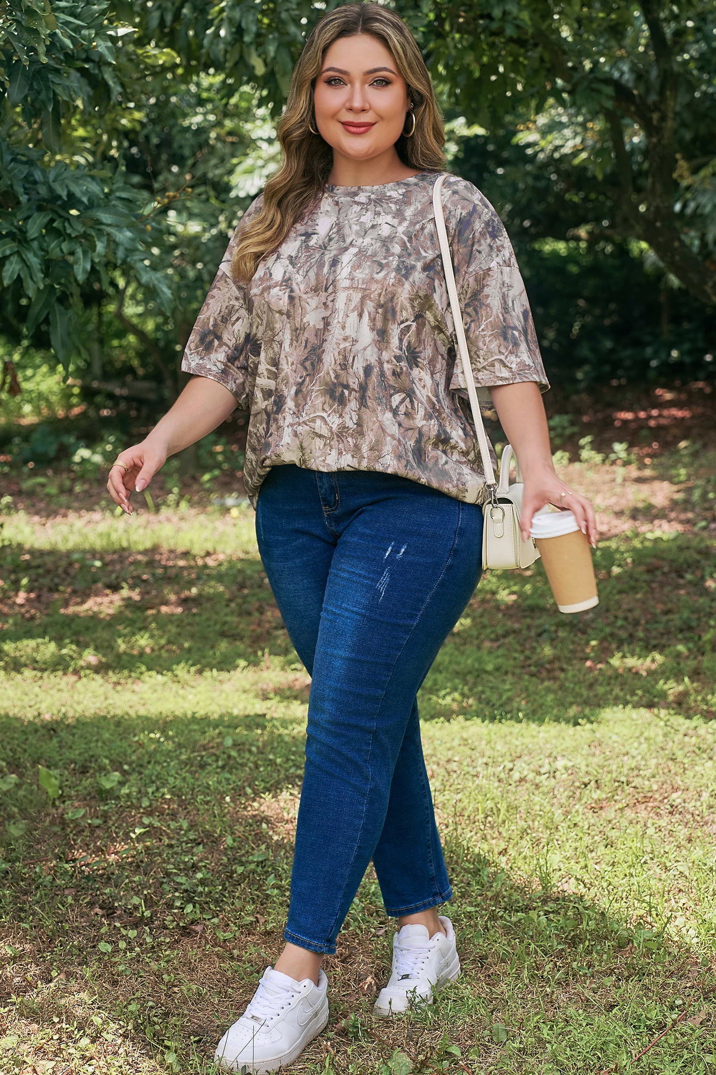Khaki Plus Size Woodland Camouflage Print T Shirt-Plus Size/Plus Size Tops/Plus Size Tops & Tees-[Adult]-[Female]-2022 Online Blue Zone Planet