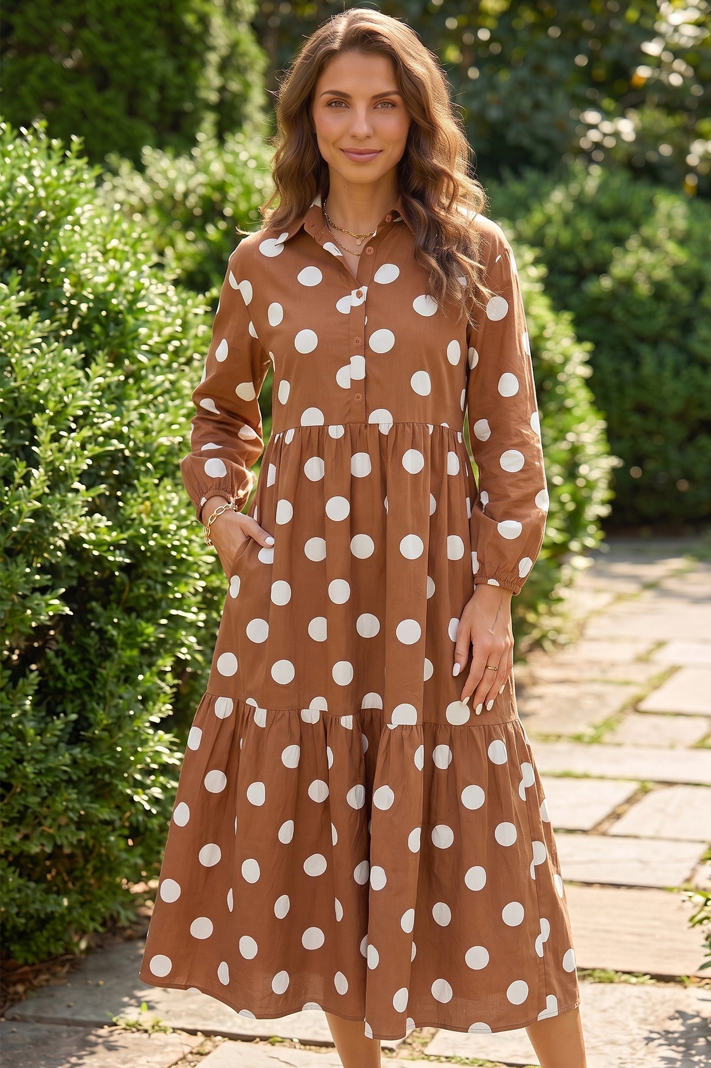 Brown Polka Dot Button Front Long Sleeve Shift Dress-TOPS / DRESSES-[Adult]-[Female]-2022 Online Blue Zone Planet