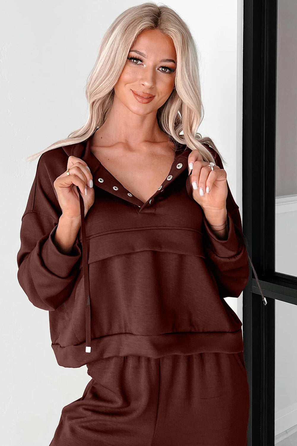 Chicory Coffee Button Drawstring Cropped Hoodie Jogger 2pcs Set-Tops / Dresses-[Adult]-[Female]-2022 Online Blue Zone Planet