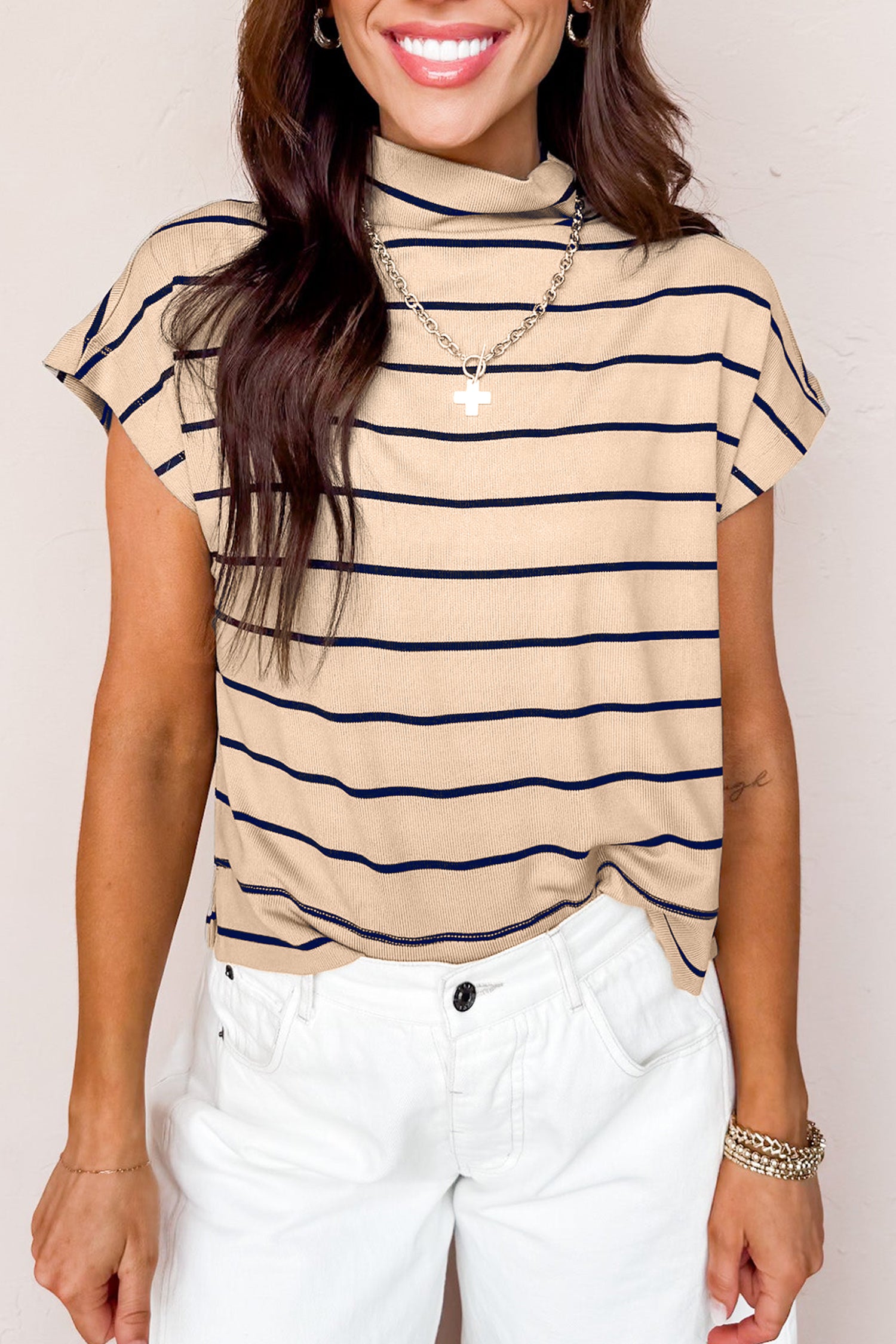 Khaki Stripe Mock Neck Short Sleeve Loose Top-Tops/Tops & Tees-[Adult]-[Female]-Khaki Stripe-S-2022 Online Blue Zone Planet