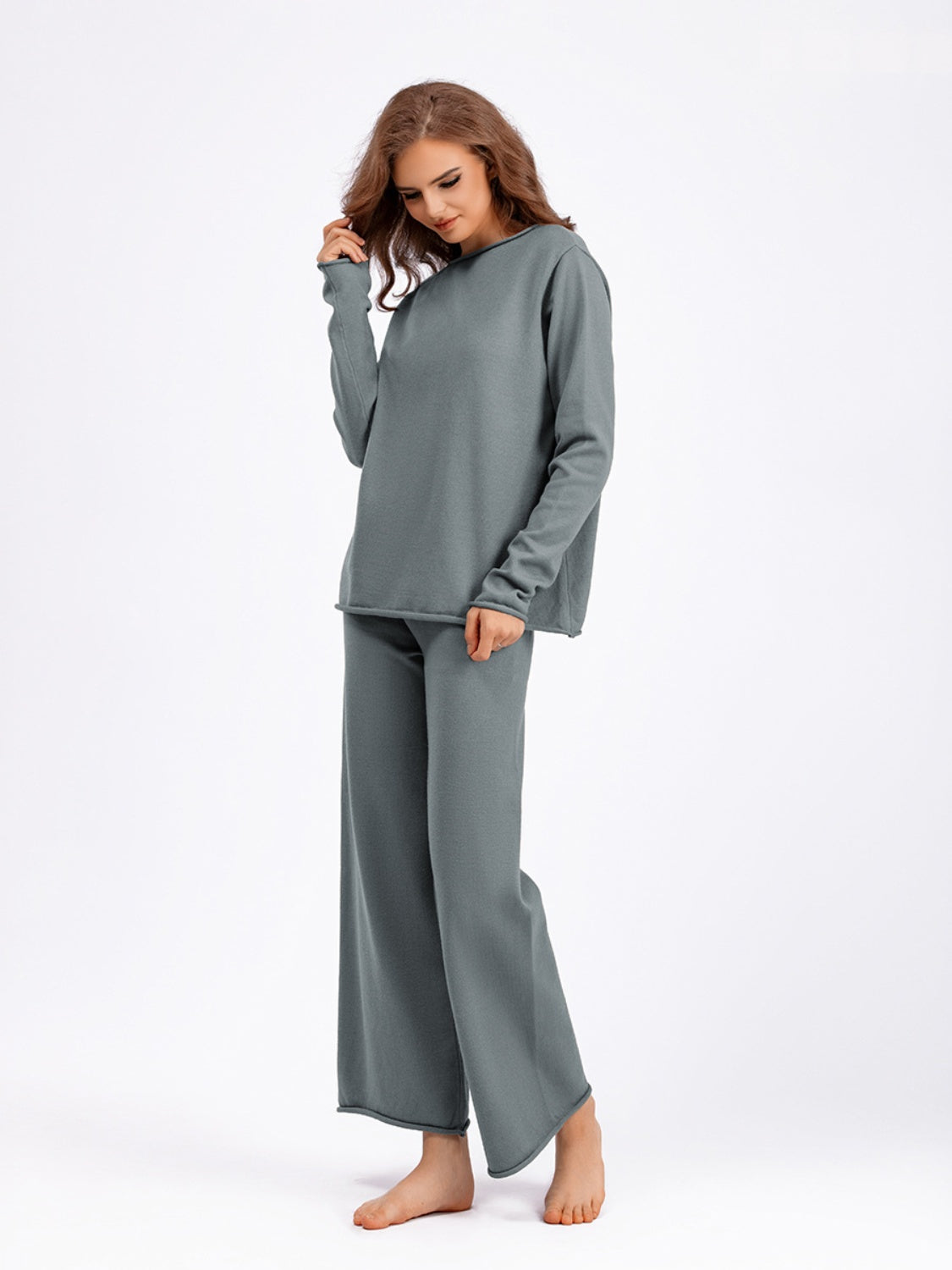 Blue Zone Planet | Basic Bae Rolled Round Neck Top and Pants Sweater Set-TOPS / DRESSES-[Adult]-[Female]-2022 Online Blue Zone Planet