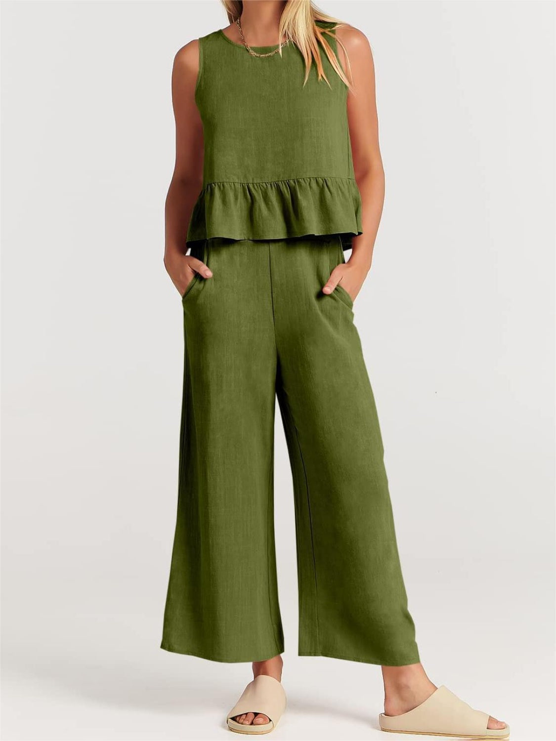 Blue Zone Planet | Full Size Round Neck Top and Wide Leg Pants Set-TOPS / DRESSES-[Adult]-[Female]-Matcha Green-S-2022 Online Blue Zone Planet