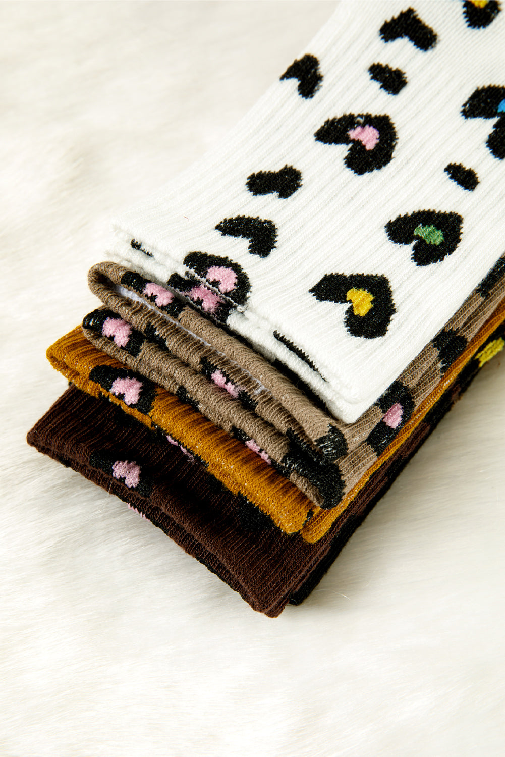 Bristol Black 5 Pairs Ribbed Trim Heart Leopard Print Socks-Socks-[Adult]-[Female]-2022 Online Blue Zone Planet