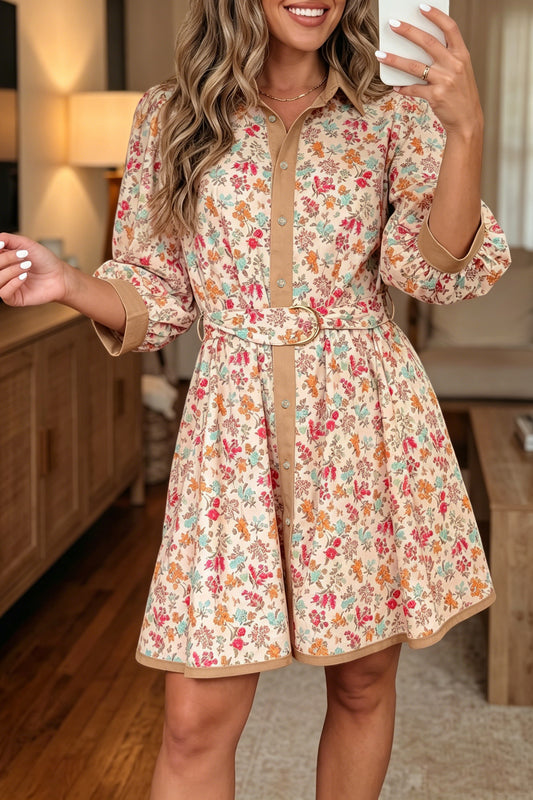 Orange Floral Print Color Block Trim Button Down 3/4 Sleeve Belted Mini Dress-Dresses/Mini Dresses-[Adult]-[Female]-Orange-S-2022 Online Blue Zone Planet