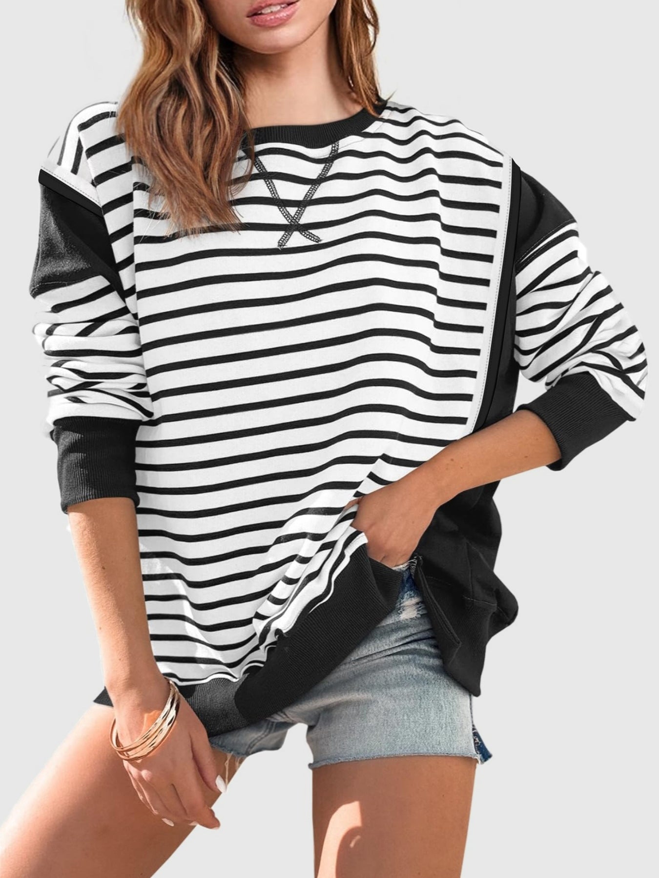 Slit Exposed Seam Striped Long Sleeve Sweatshirt-TOPS / DRESSES-[Adult]-[Female]-Black-S-2022 Online Blue Zone Planet