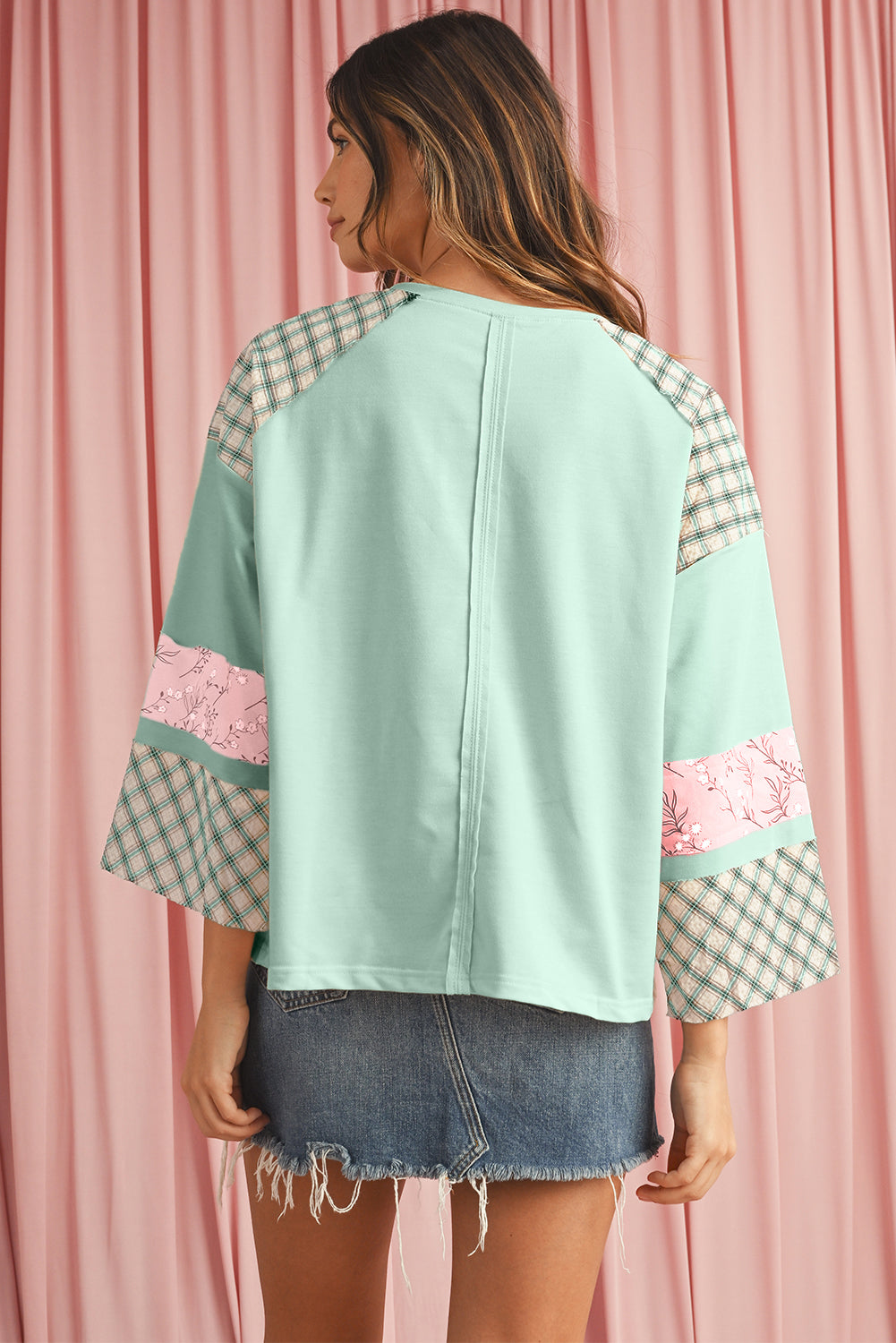 Aqua Plaid Floral Patchwork Heart Long Sleeve Top