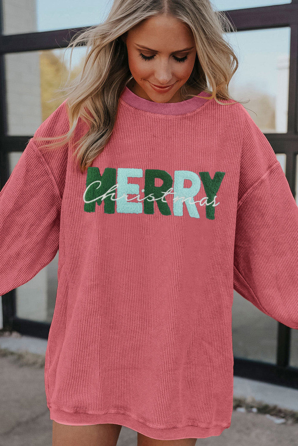 Strawberry Pink MERRY Christmas Chenille Embroidered Corded Sweatshirt-Graphic/Graphic Sweatshirts-[Adult]-[Female]-2022 Online Blue Zone Planet