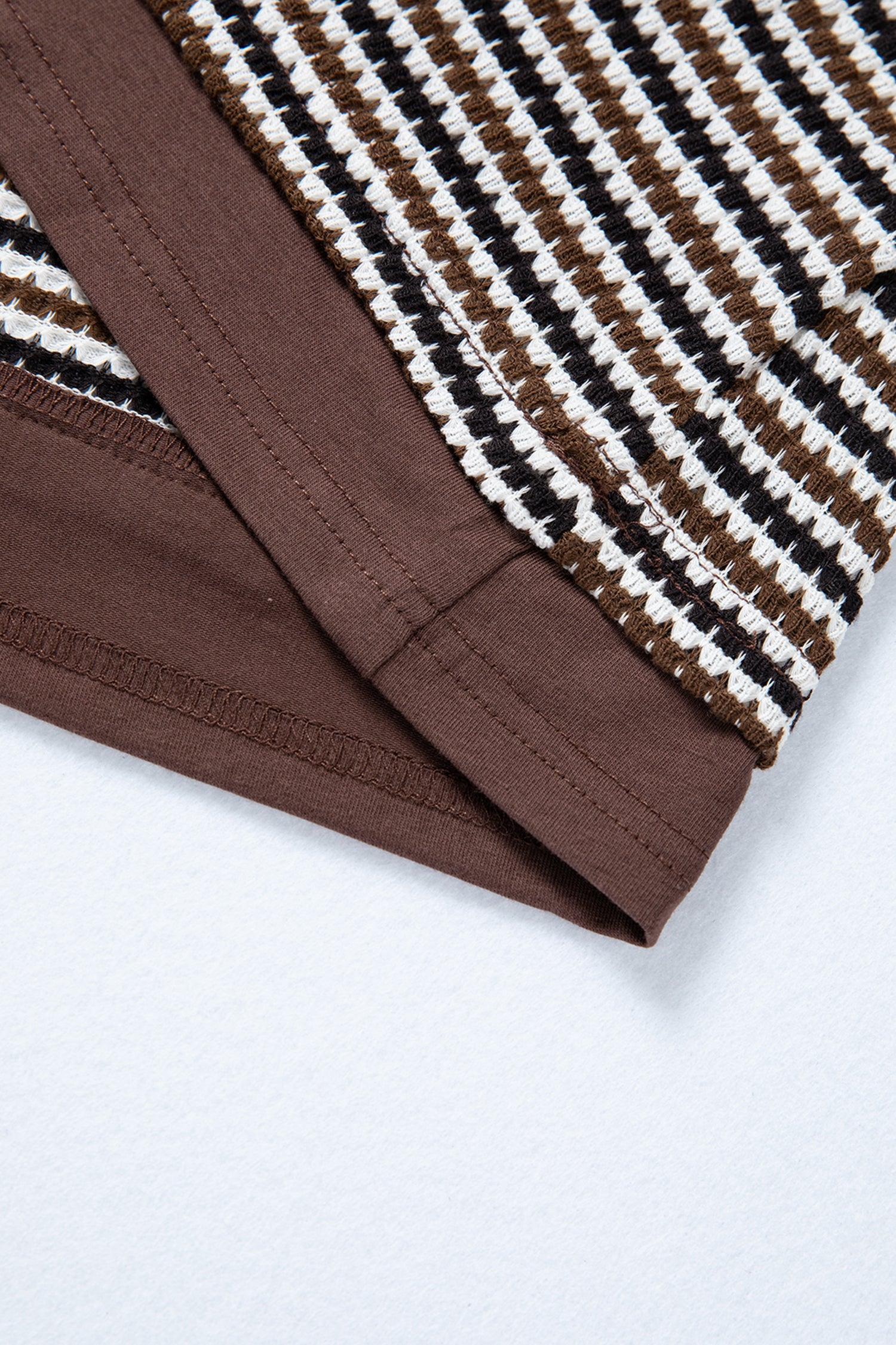 Brown Faux Two Piece Textured Striped Round Neck Long Sleeve T Shirt-Tops/Long Sleeve Tops-[Adult]-[Female]-2022 Online Blue Zone Planet