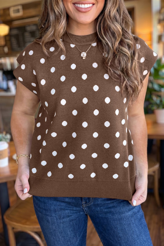 Brown Dolman Short Sleeve Round Neck Polka Dot Sweater-Sweaters & Cardigans/Short Sleeve Sweaters-[Adult]-[Female]-Brown-S-2022 Online Blue Zone Planet