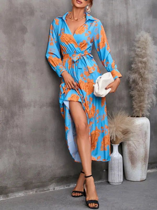 all-match printed long-sleeved mid-length dress BLUE ZONE PLANET