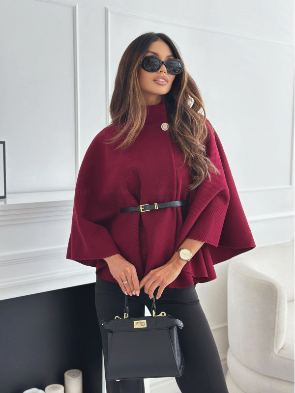 Blue Zone Planet | Winter Solid Color Waist Tie Woolen Cape Coat Women's Clothing-[Adult]-[Female]-Wine Red-S-2022 Online Blue Zone Planet