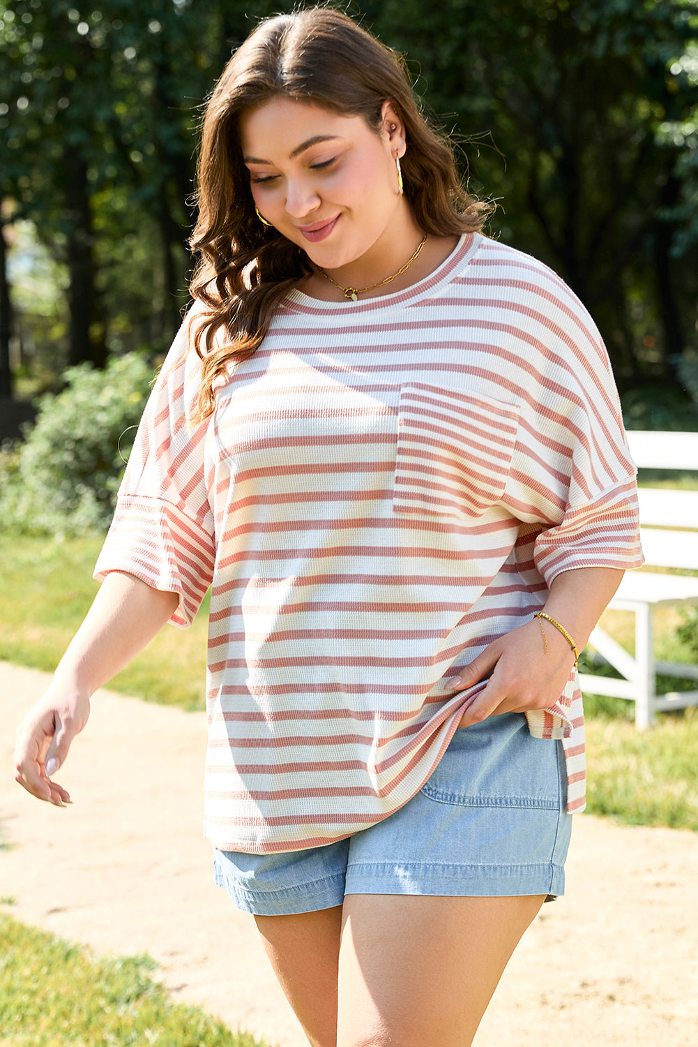 Pink Stripe Waffle Knit Pocketed Half Sleeve Plus Size T Shirt-Plus Size/Plus Size Tops/Plus Size Tops & Tees-[Adult]-[Female]-2022 Online Blue Zone Planet