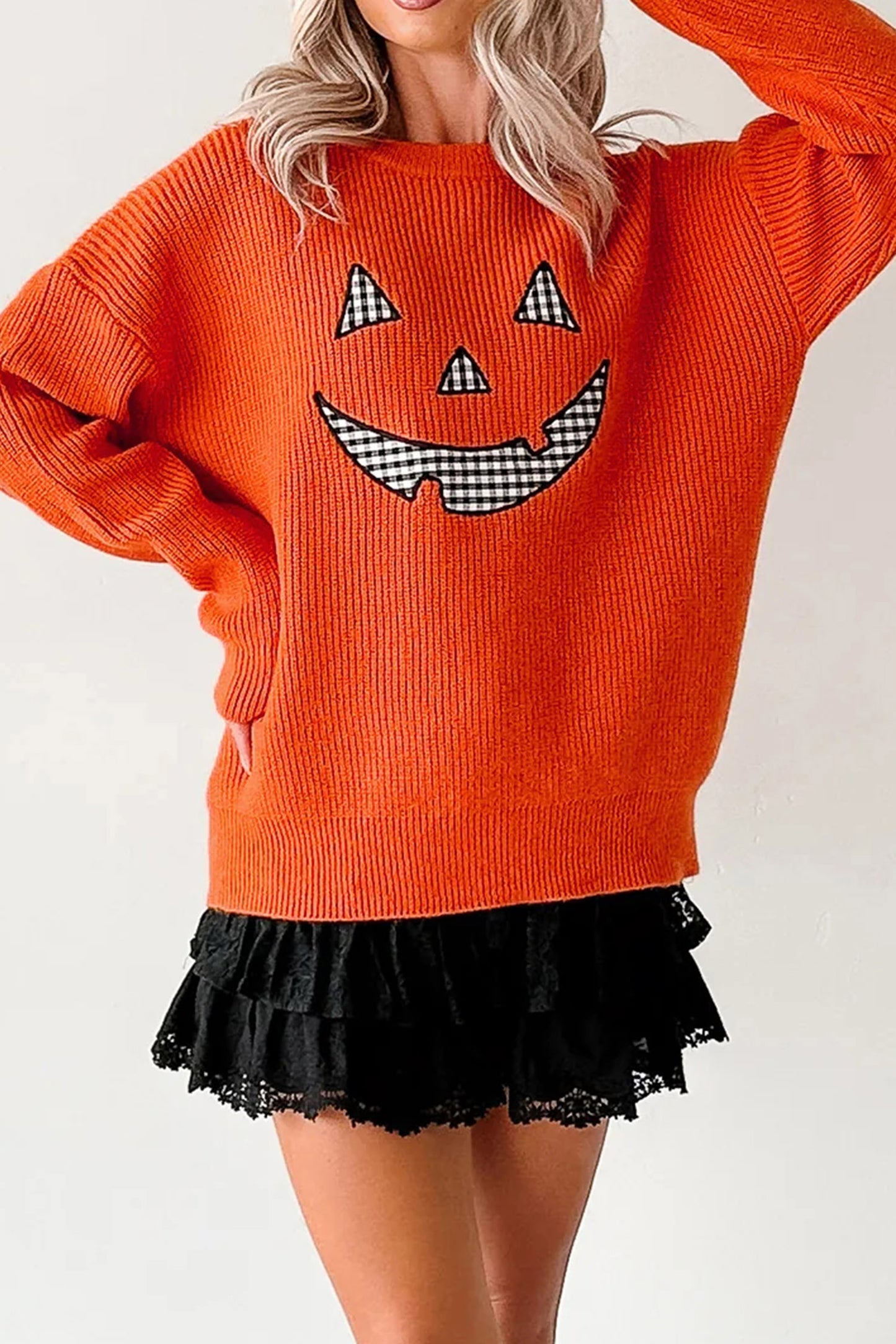 Orange Drop Shoulder Long Sleeve Round Neck Halloween Sweater-Sweaters & Cardigans/Sweaters-[Adult]-[Female]-2022 Online Blue Zone Planet