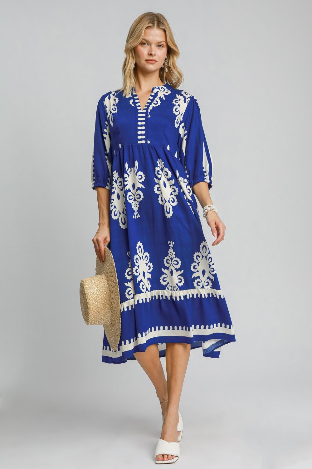 Umgee Printed Notched Midi Dress-TOPS / DRESSES-[Adult]-[Female]-Royal Blue-S-2022 Online Blue Zone Planet