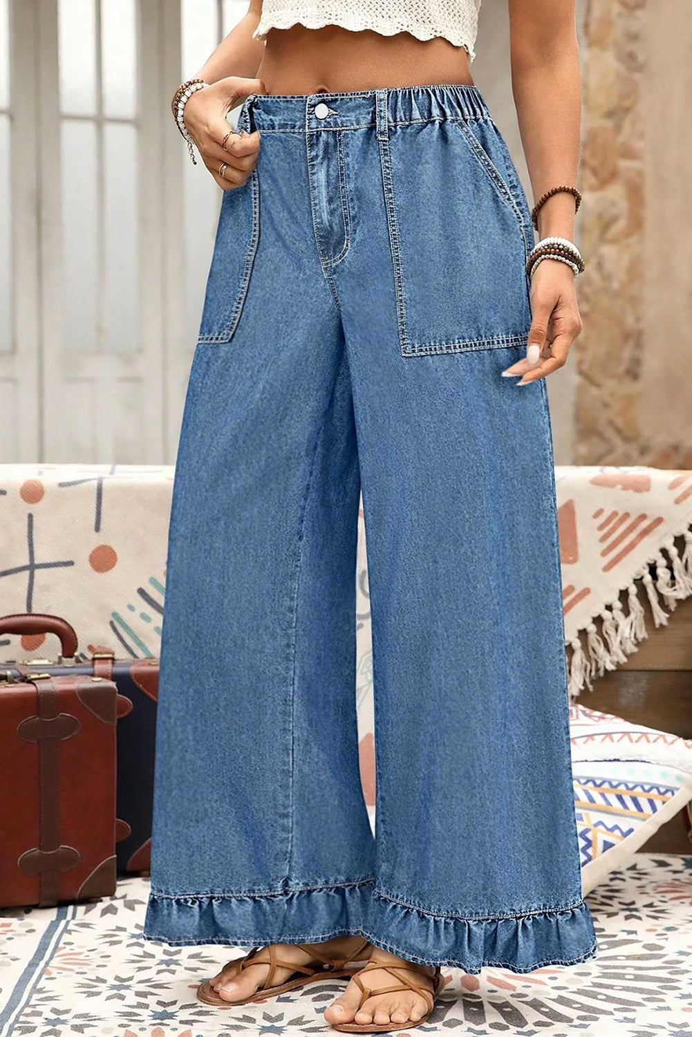 Ashleigh Blue Plus Size Elastic Waist Ruffled Wide Leg Denim Pants-Plus Size/Plus Size Bottoms-[Adult]-[Female]-Ashleigh Blue-L-2022 Online Blue Zone Planet