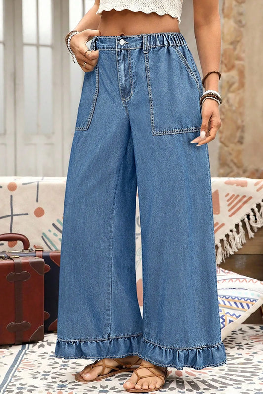 Ashleigh Blue Plus Size Elastic Waist Ruffled Wide Leg Denim Pants-Plus Size/Plus Size Bottoms-[Adult]-[Female]-Ashleigh Blue-L-2022 Online Blue Zone Planet