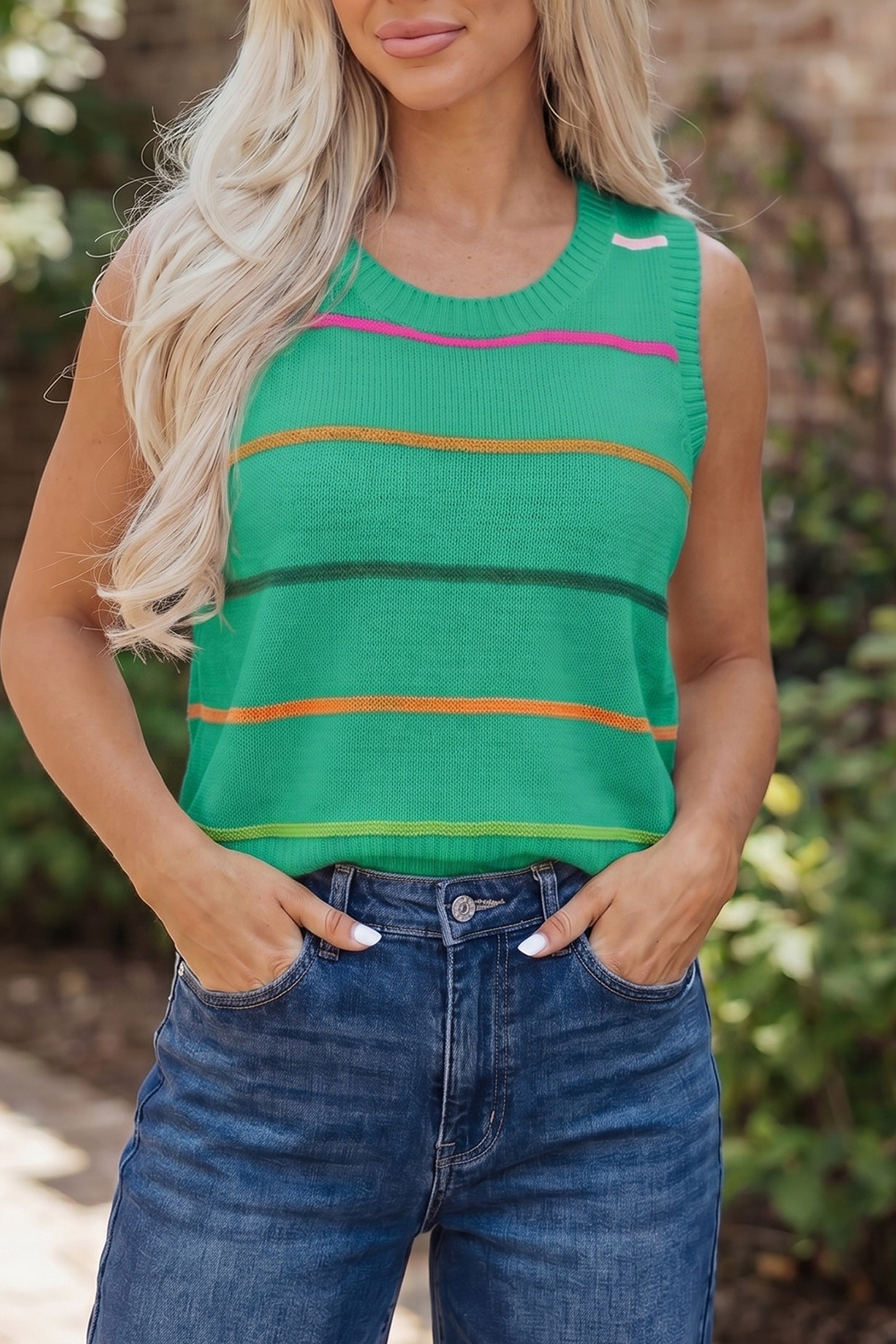 Green Stripe Round Neck Knitted Sweater Tank-TOPS / DRESSES-[Adult]-[Female]-2022 Online Blue Zone Planet
