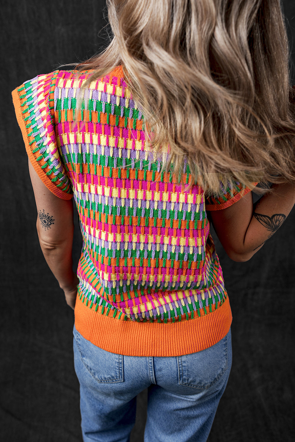 Orange Multi Flutter Sleeve Knitted Sweater Top-Sweaters & Cardigans/Short Sleeve Sweaters-[Adult]-[Female]-2022 Online Blue Zone Planet