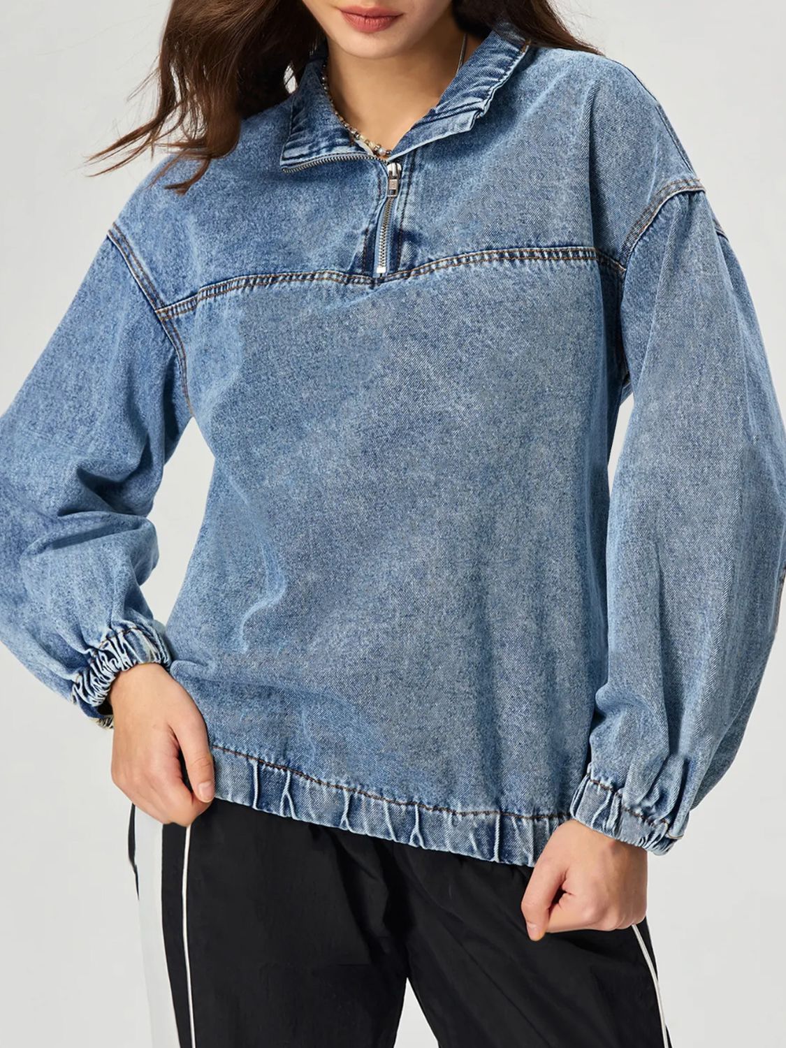 Blue Zone Planet | Quarter Zip Collared Neck Denim Top-TOPS / DRESSES-[Adult]-[Female]-2022 Online Blue Zone Planet