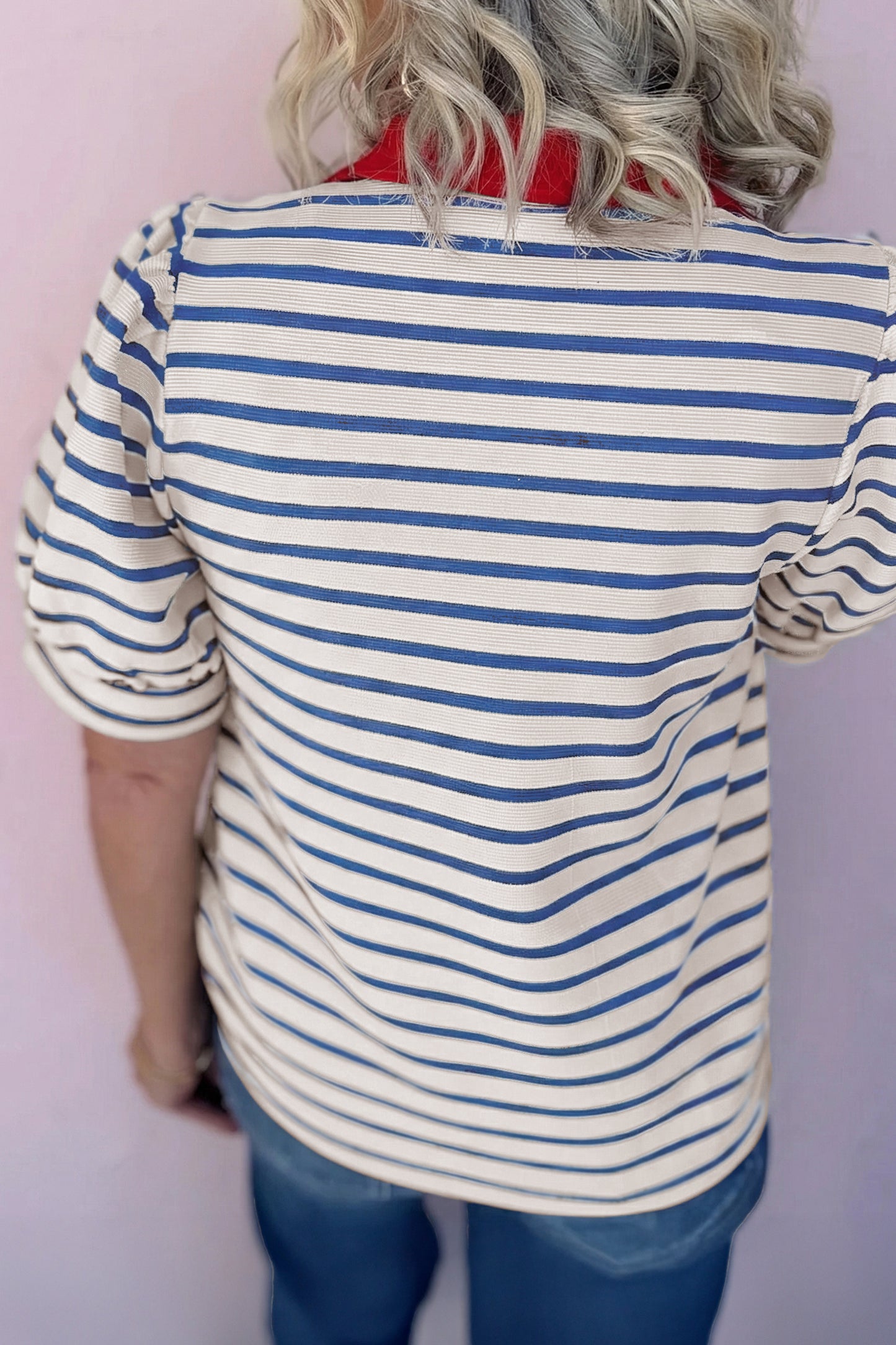 Blue Stripe Short Puff Sleeve Color Block Polo Collar Blouse-Tops/Blouses & Shirts-[Adult]-[Female]-2022 Online Blue Zone Planet