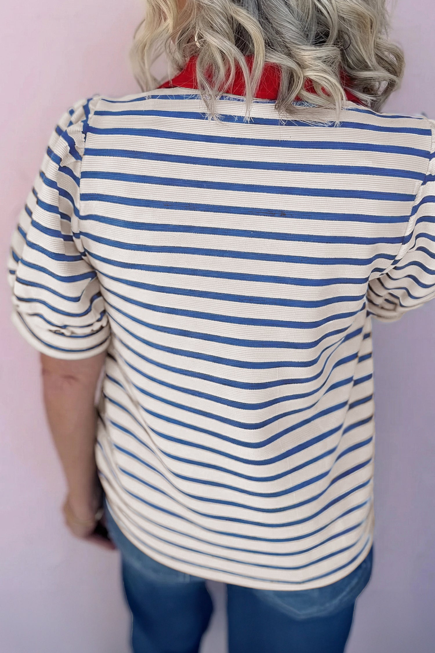 Blue Stripe Short Puff Sleeve Color Block Polo Collar Blouse-Tops/Blouses & Shirts-[Adult]-[Female]-2022 Online Blue Zone Planet