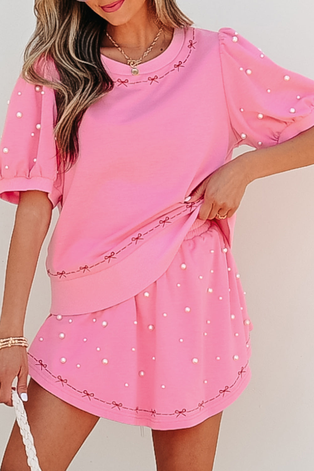 Pink Contrast Bow Trim Pearl Puff Sleeve Blouse and Skort 2pcs Set-Two Piece Sets/Short Sets-[Adult]-[Female]-2022 Online Blue Zone Planet
