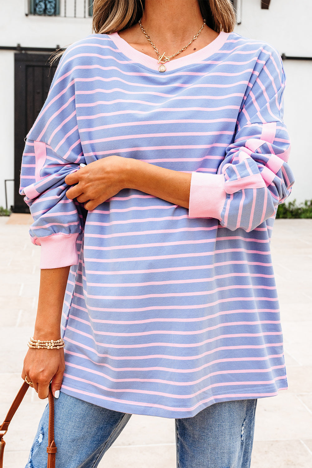 Sky Blue Stripe Oversize Contrast Trim Drop Shoulder Casual Top-Tops/Long Sleeve Tops-[Adult]-[Female]-2022 Online Blue Zone Planet