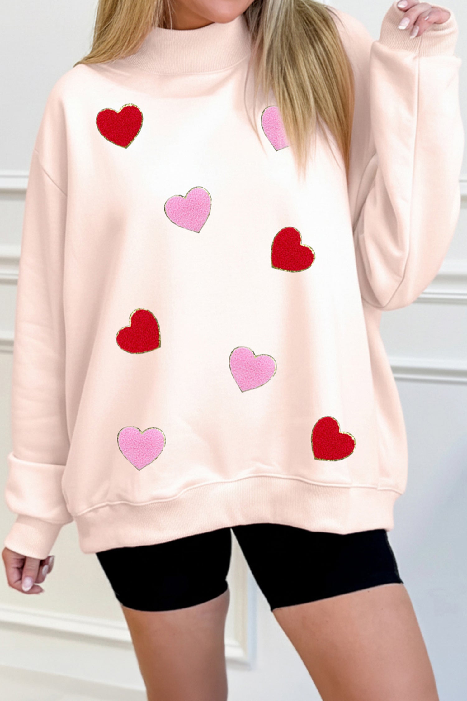 Apricot Pink Glitter Trim Chenille Heart Patched Mock Neck Sweatshirt-Graphic Sweatshirts-[Adult]-[Female]-2022 Online Blue Zone Planet