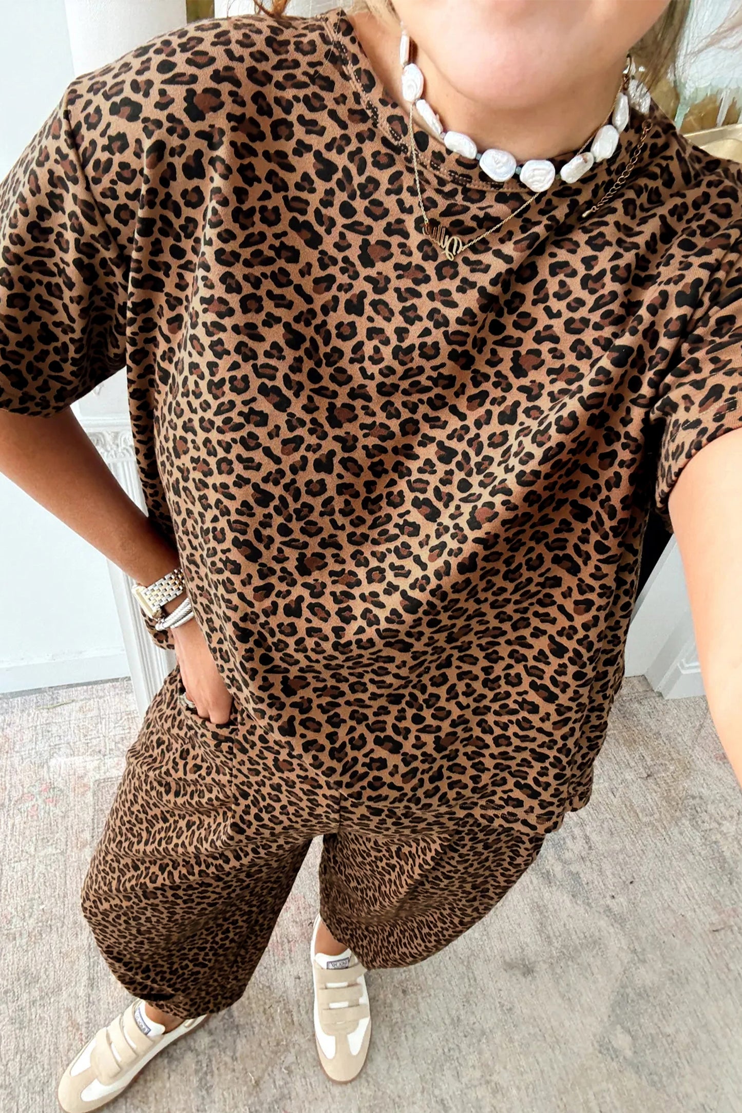 Brown Leopard Loose Tee Drawstring Waist Barrel Pants Set-Two Piece Sets/Pant Sets-[Adult]-[Female]-2022 Online Blue Zone Planet