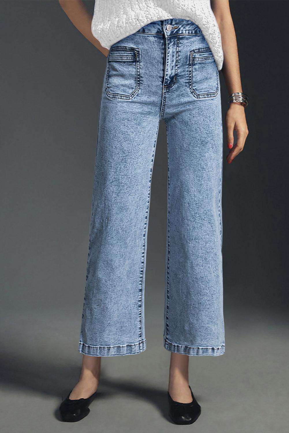 Light Blue Chic Patch Pocket Straight Leg Loose Jeans-Bottoms/Jeans-[Adult]-[Female]-Light Blue-4-2022 Online Blue Zone Planet