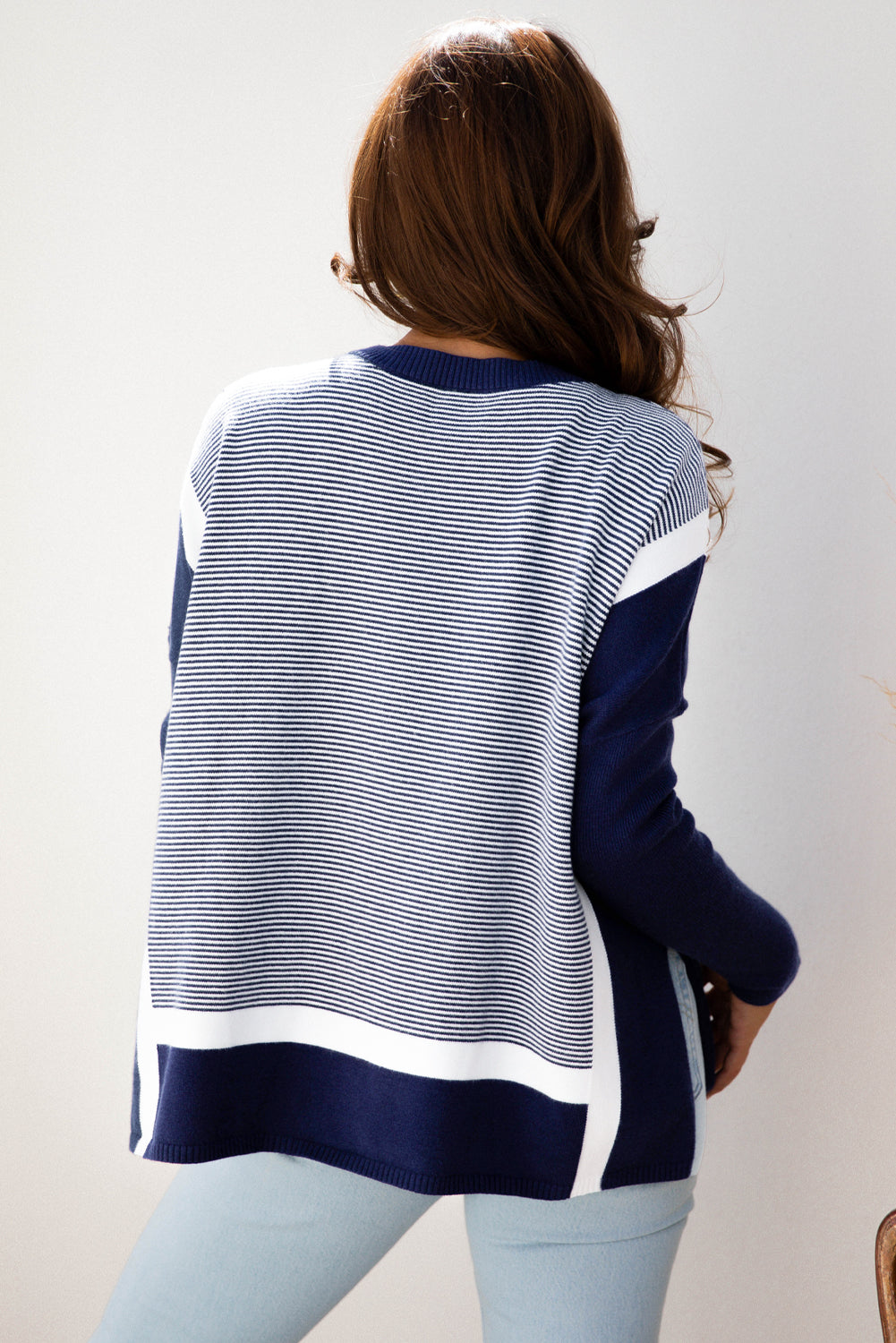 Blue Stripe Color Block Patchwork Dolman Oversize Tunic Sweater-Sweaters & Cardigans/Sweaters-[Adult]-[Female]-2022 Online Blue Zone Planet