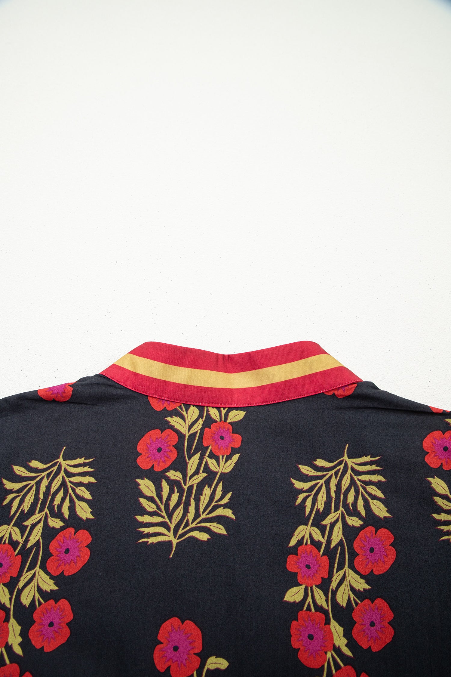 Black Plus Size Floral Print Ricrac Striped Trim Short Sleeve Cotton Blouse-Plus Size/Plus Size Tops/Plus Size Blouses & Shirts-[Adult]-[Female]-2022 Online Blue Zone Planet
