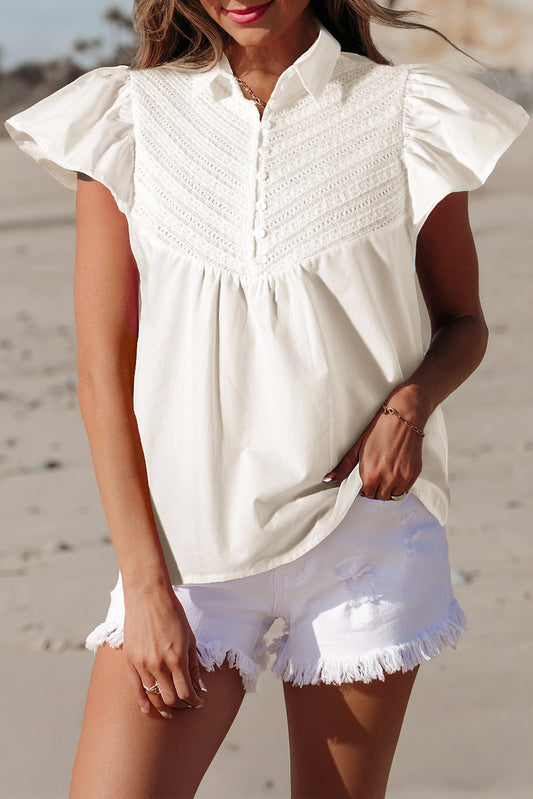 White Half Button Lace Patchwork Flutter Sleeve Blouse-Tops/Blouses & Shirts-[Adult]-[Female]-White-S-2022 Online Blue Zone Planet