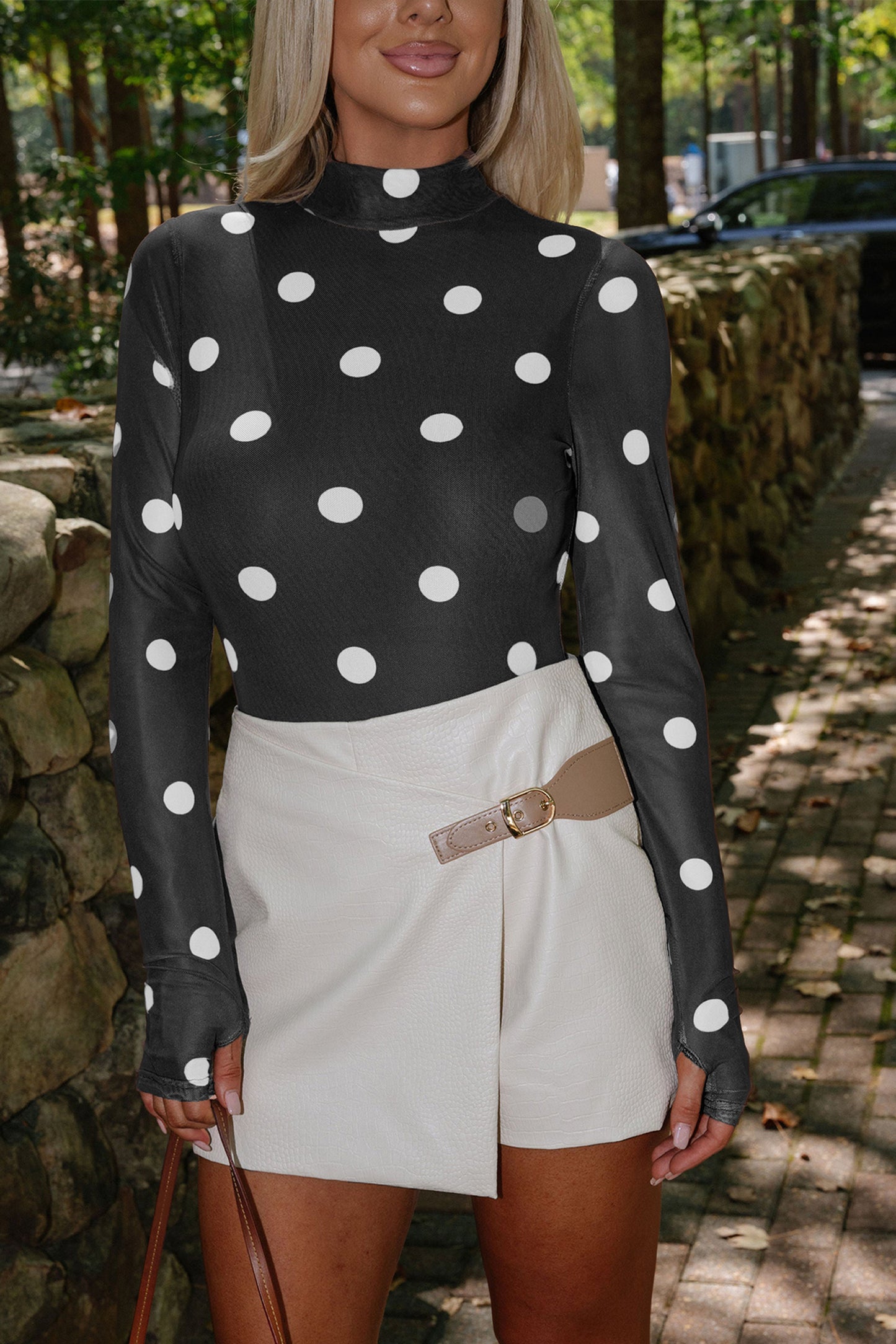 Black Vintage Polka Dot Print Mesh Long Sleeve Bodysuit-Tops/Bodysuits-[Adult]-[Female]-Black-S-2022 Online Blue Zone Planet