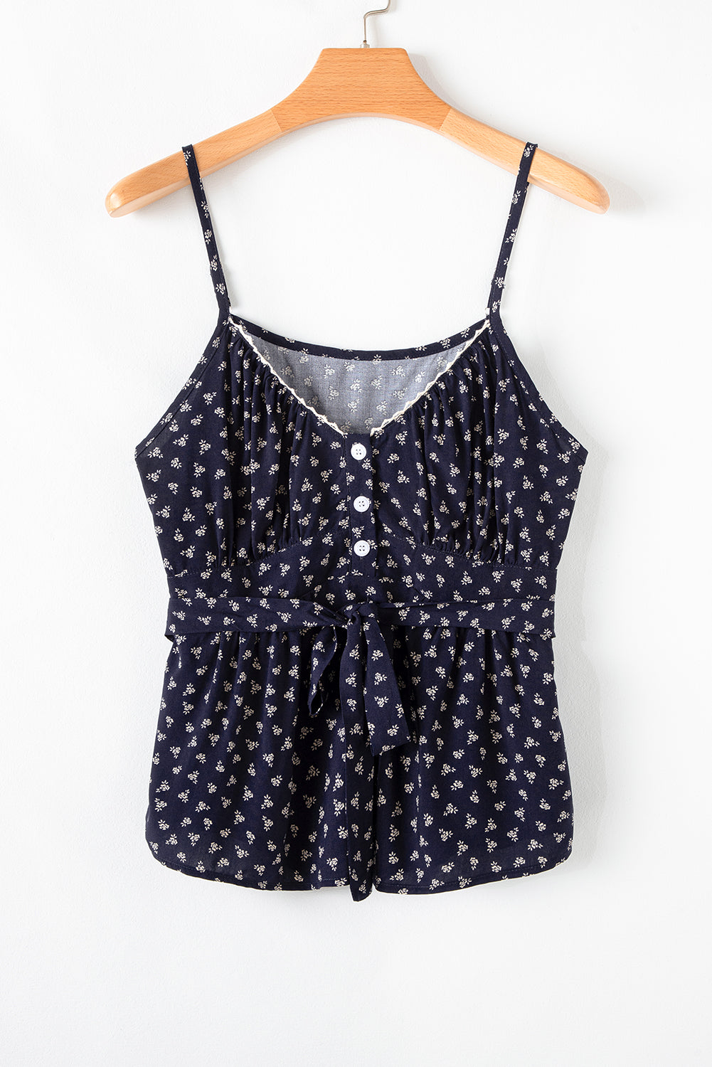 Blue Floral Print Spaghetti Strap Buttoned V Neck Tank Top-Tops/Tank Tops-[Adult]-[Female]-2022 Online Blue Zone Planet