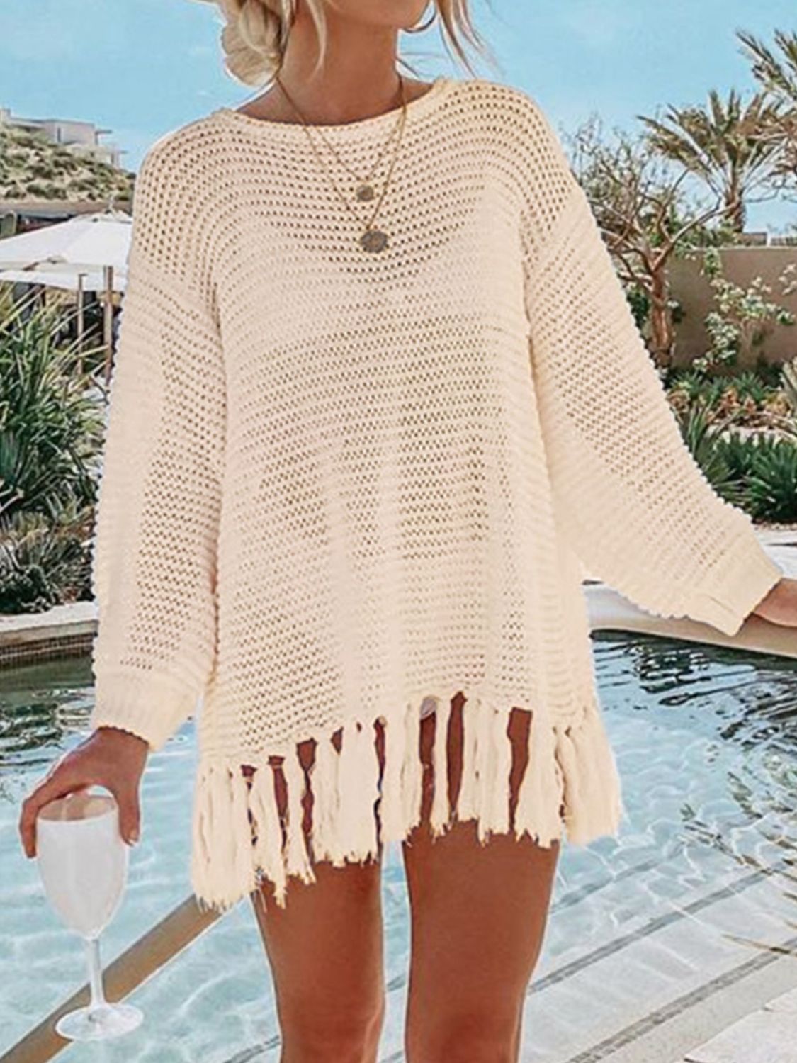 Blue Zone Planet | Angel Wings Openwork Tassel Hem Long Sleeve Knit Cover Up-TOPS / DRESSES-[Adult]-[Female]-Cream-S-2022 Online Blue Zone Planet