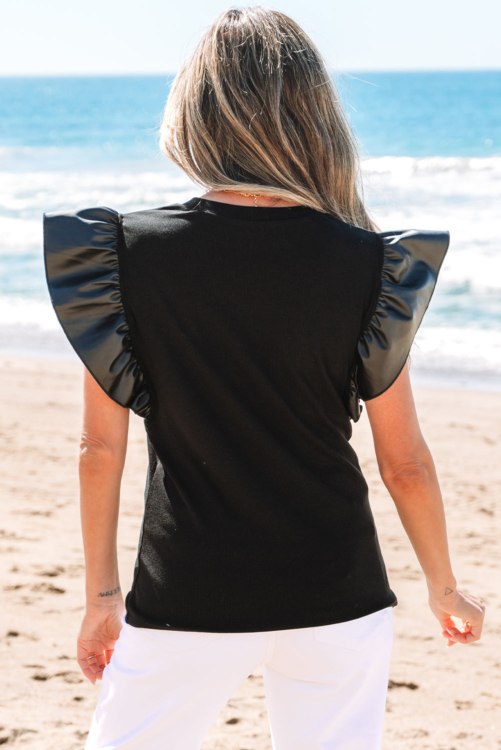 Black Game Day Checkered Letter Graphic Leatherette Ruffle Sleeve Top-Graphic/Graphic Tees-[Adult]-[Female]-2022 Online Blue Zone Planet