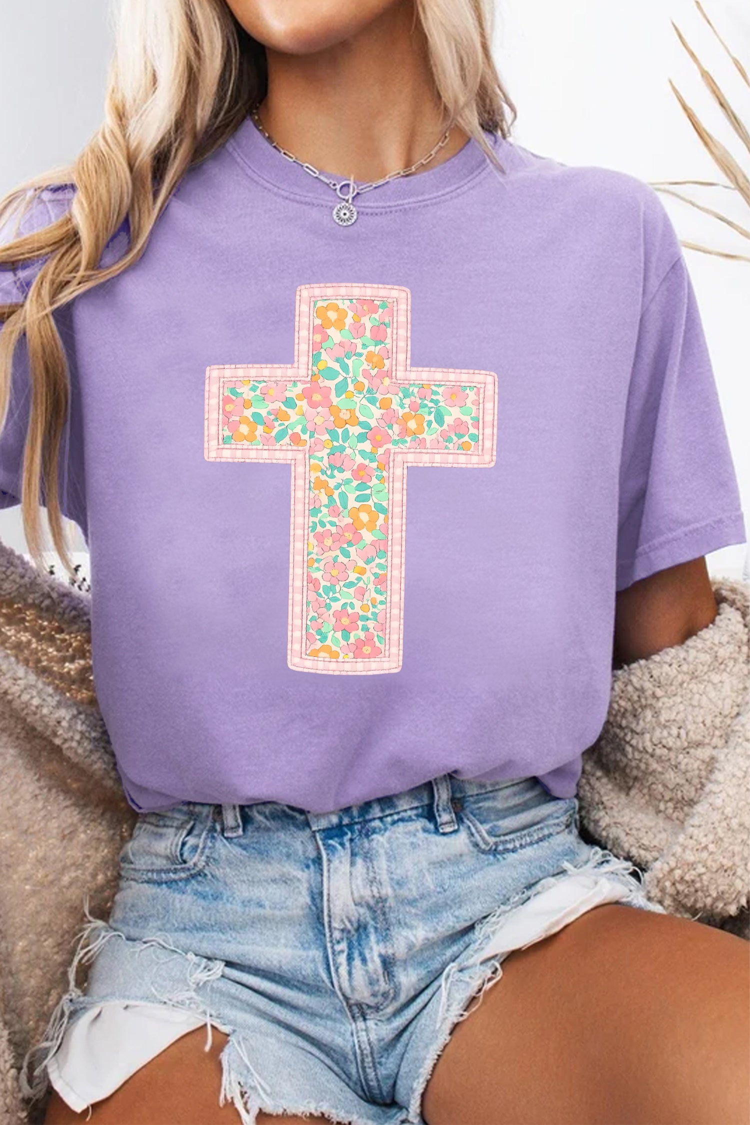 Wisteria Easter Floral Cross Christian Casual Tee-Graphic/Graphic Tees-[Adult]-[Female]-2022 Online Blue Zone Planet