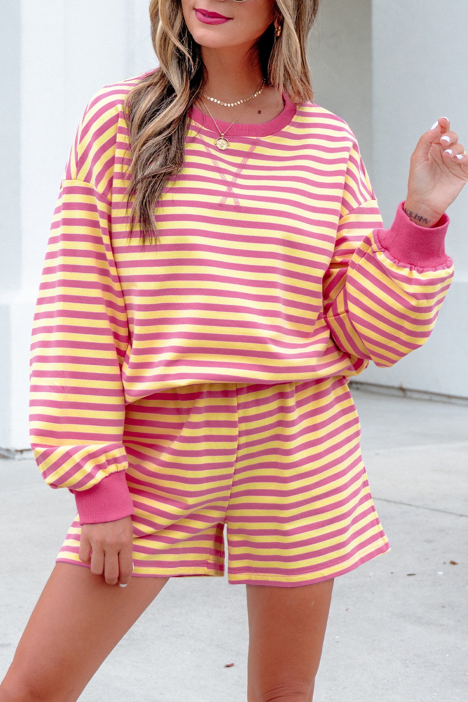 Yellow Stripe Color Block Trim Round Neck Long Sleeve Top Casual Shorts 2pcs Set-Two Piece Sets/Short Sets-[Adult]-[Female]-2022 Online Blue Zone Planet