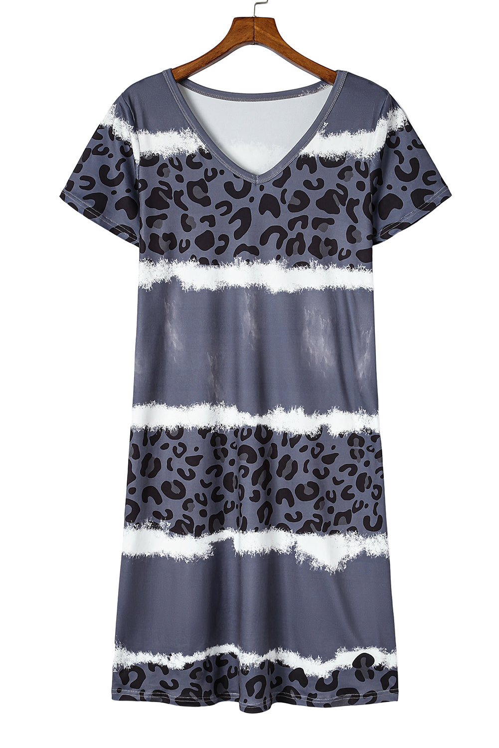 Gray Leopard Color Block V-Neck T-shirt Dress Blue Zone Planet