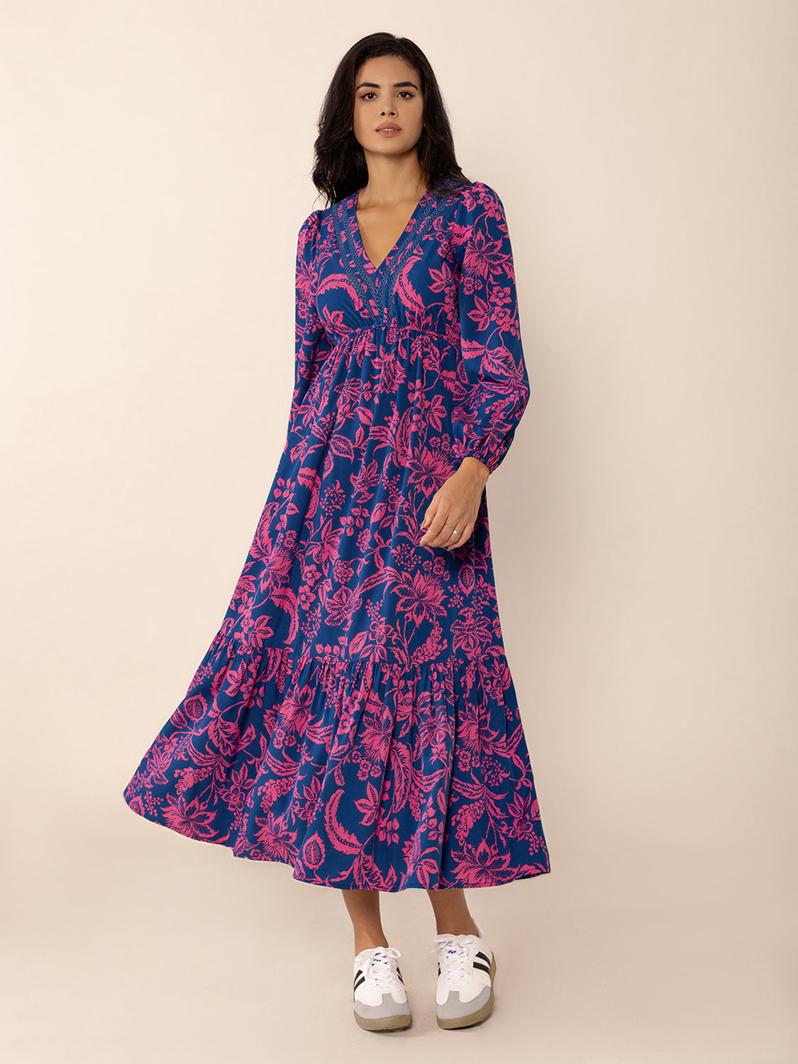 Blue Zone Planet | Printed V-Neck Long Sleeve Midi Dress-TOPS / DRESSES-[Adult]-[Female]-2022 Online Blue Zone Planet