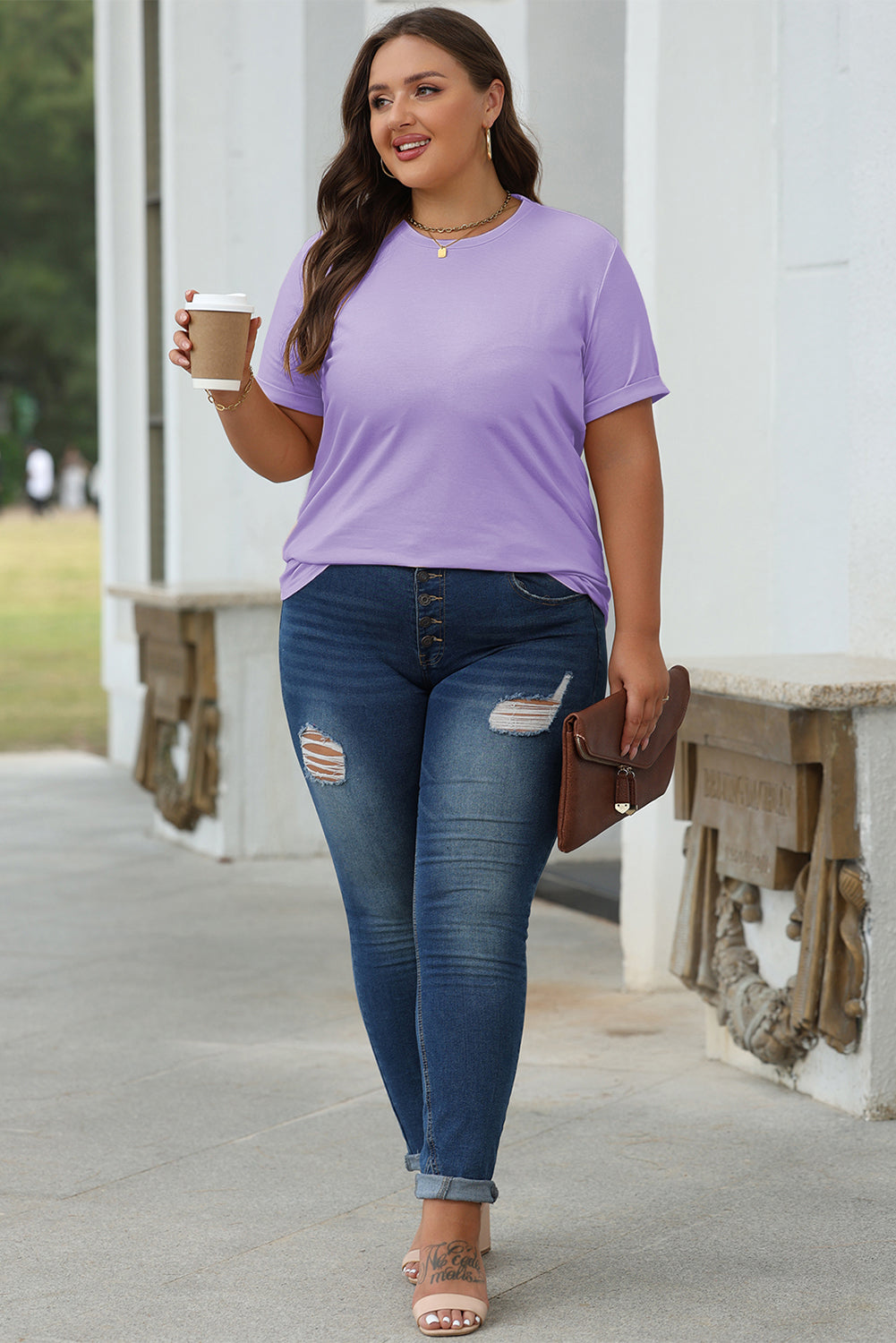 Wisteria Casual Plain Crew Neck Tee-Tops/Tops & Tees-[Adult]-[Female]-2022 Online Blue Zone Planet
