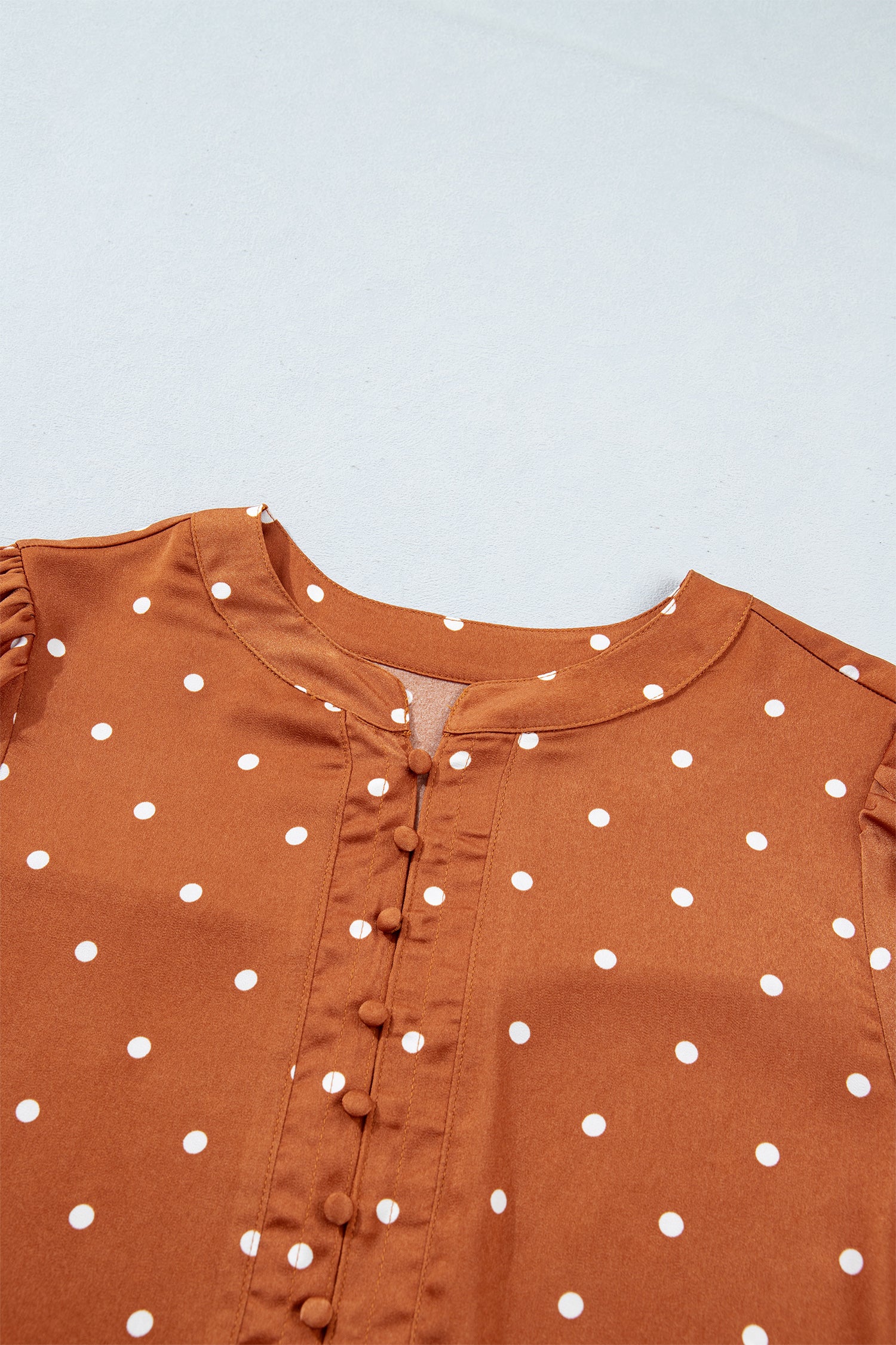 Brown Polka Dot Half Button V Neck Long Sleeve Blouse-Tops/Blouses & Shirts-[Adult]-[Female]-2022 Online Blue Zone Planet