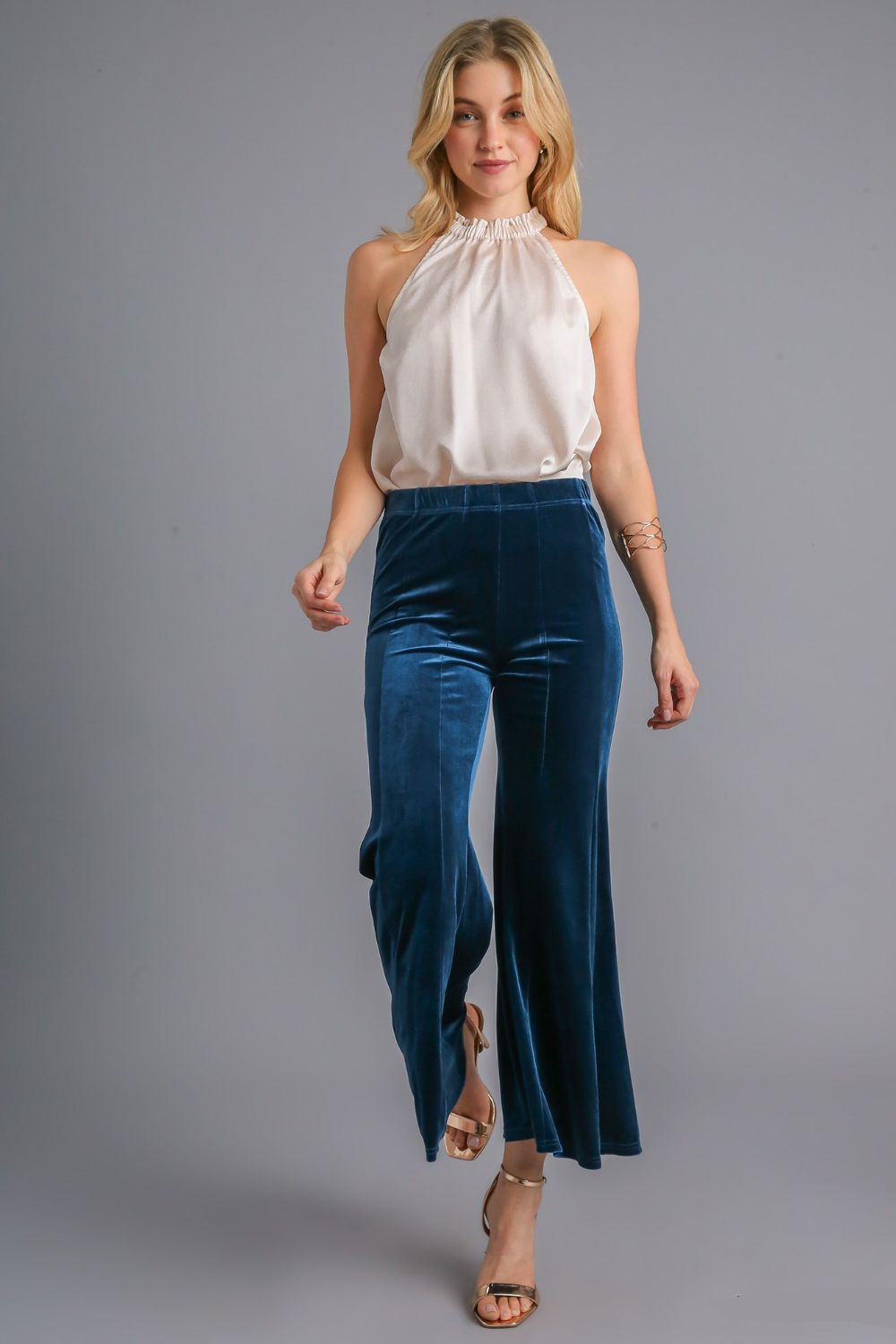 Umgee High Rise Elastic Waist Flare Pants-BOTTOMS SIZES SMALL MEDIUM LARGE-[Adult]-[Female]-2022 Online Blue Zone Planet