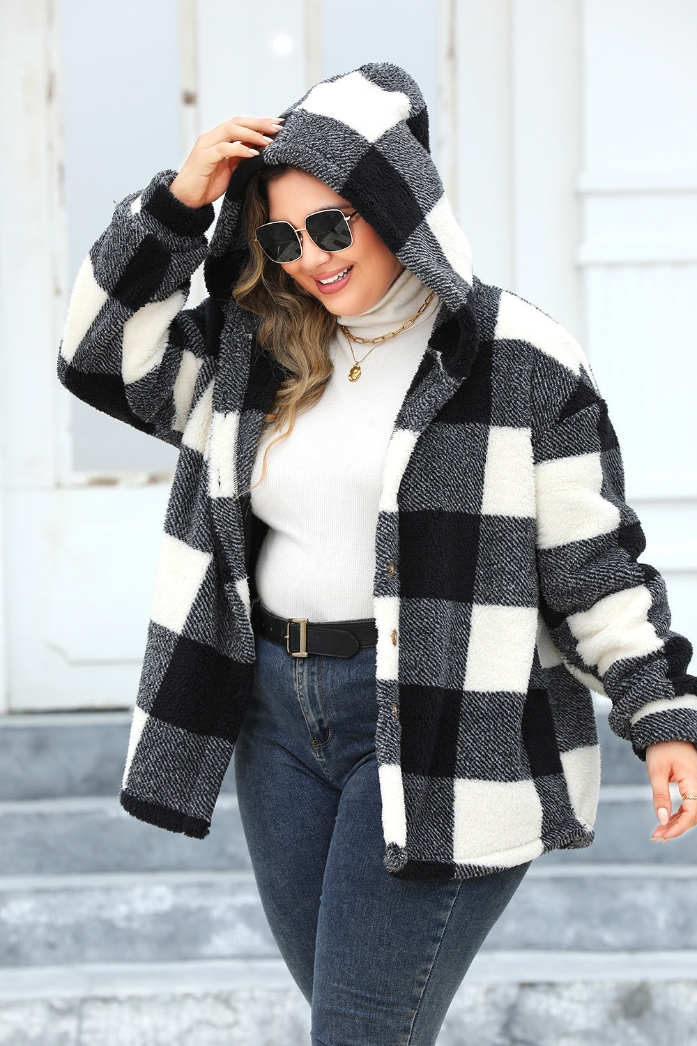 Plus Size Plaid Button Up Hooded Jacket-TOPS / DRESSES-[Adult]-[Female]-2022 Online Blue Zone Planet