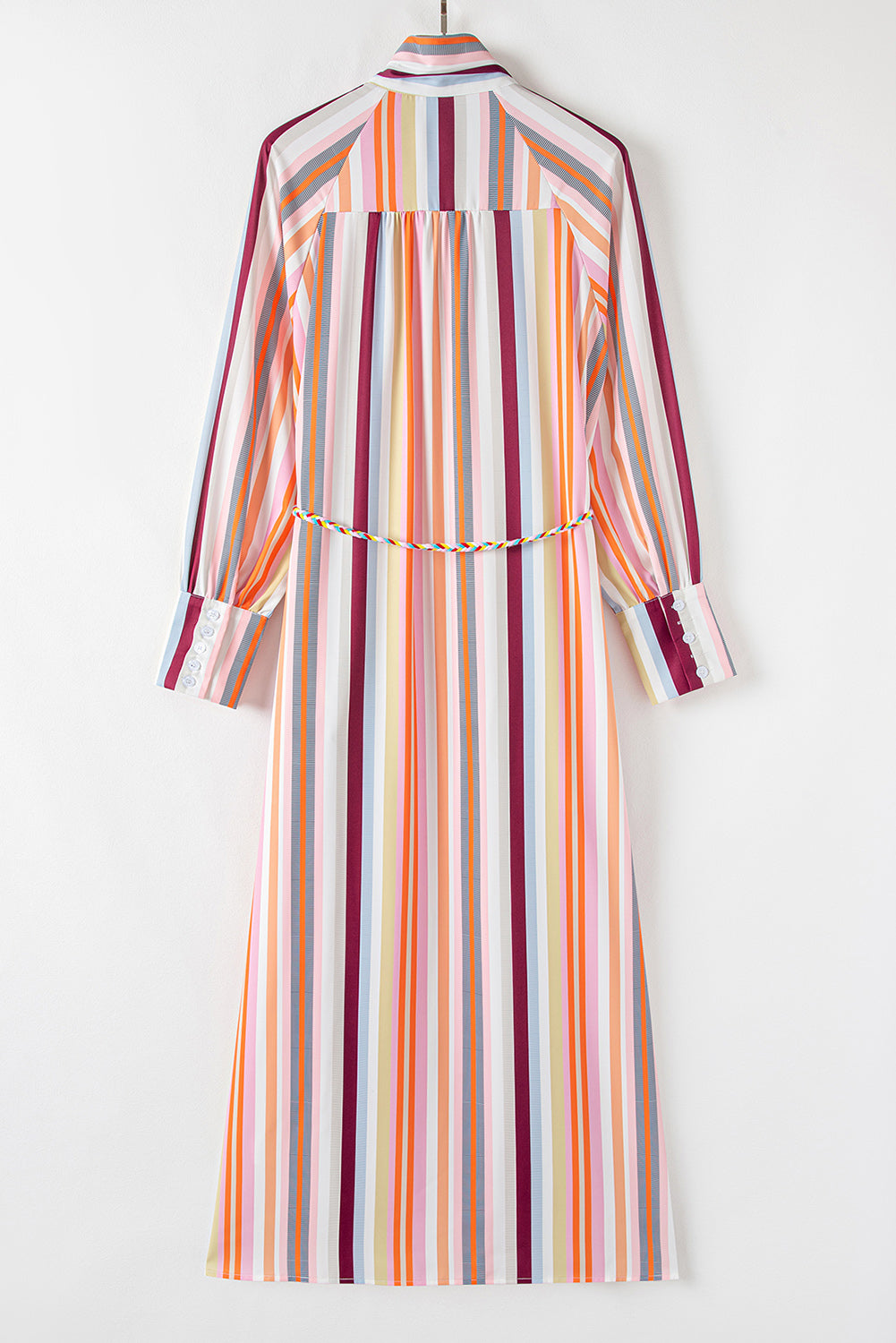 Blue Zone Planet | White Multicolor Striped Cuffed Sleeve Tassel Tied Shirt Maxi Dress-TOPS / DRESSES-[Adult]-[Female]-2022 Online Blue Zone Planet