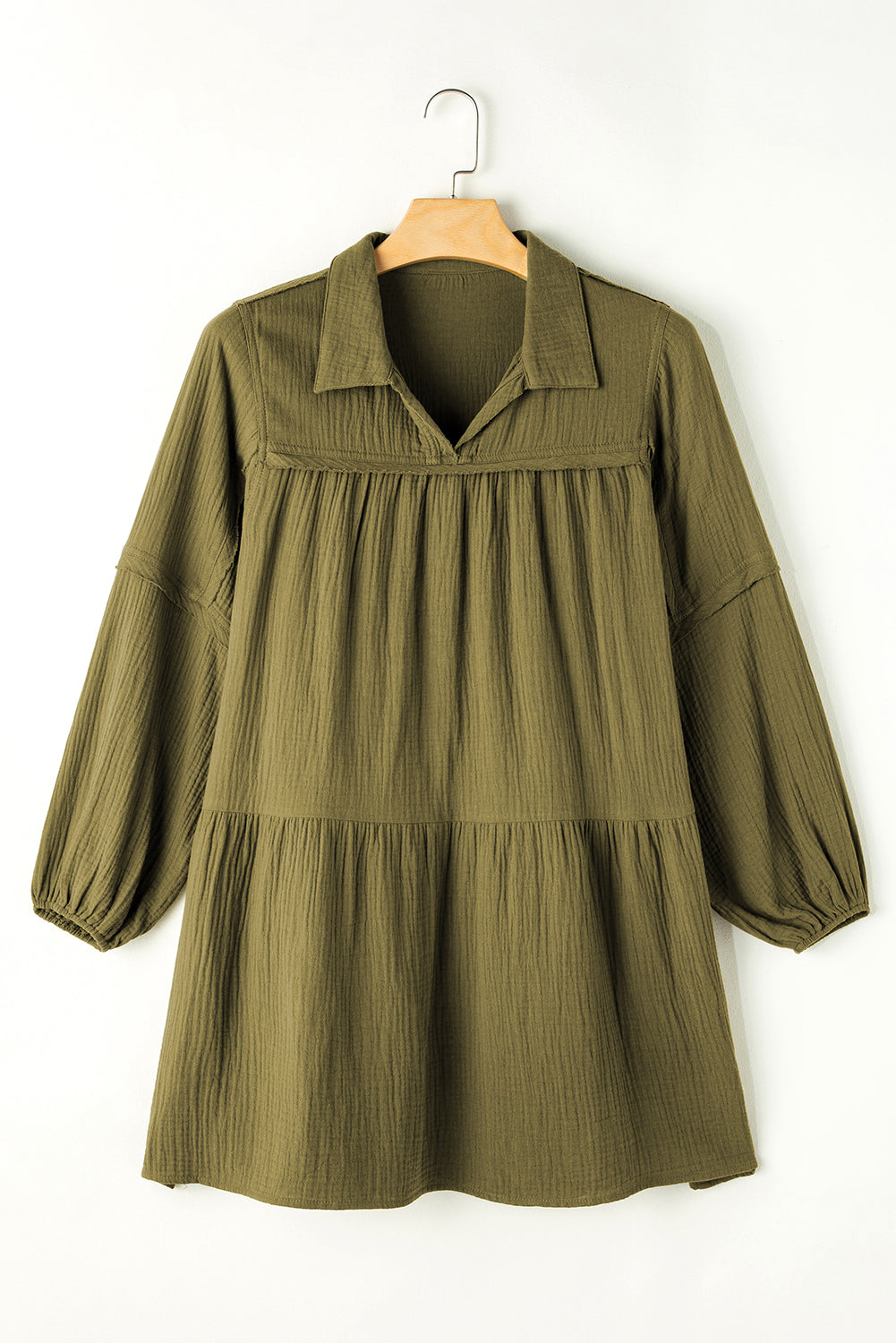 Blue Zone Planet | Green Frayed Trim Split Neck Puff Sleeve Flared Dress-TOPS / DRESSES-[Adult]-[Female]-2022 Online Blue Zone Planet