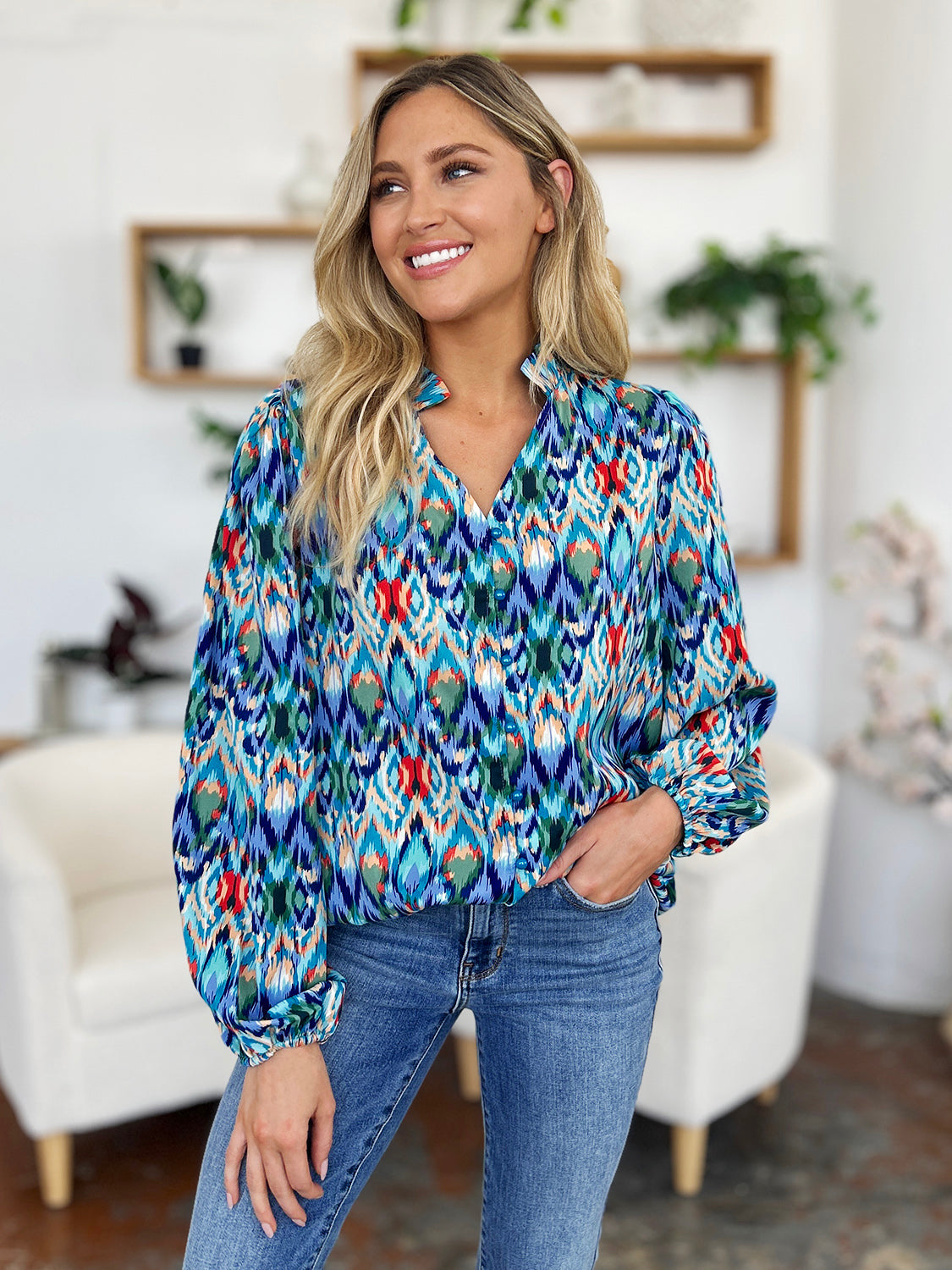 Blue Zone Planet | Double Take Full Size Printed Balloon Sleeve Blouse-TOPS / DRESSES-[Adult]-[Female]-2022 Online Blue Zone Planet