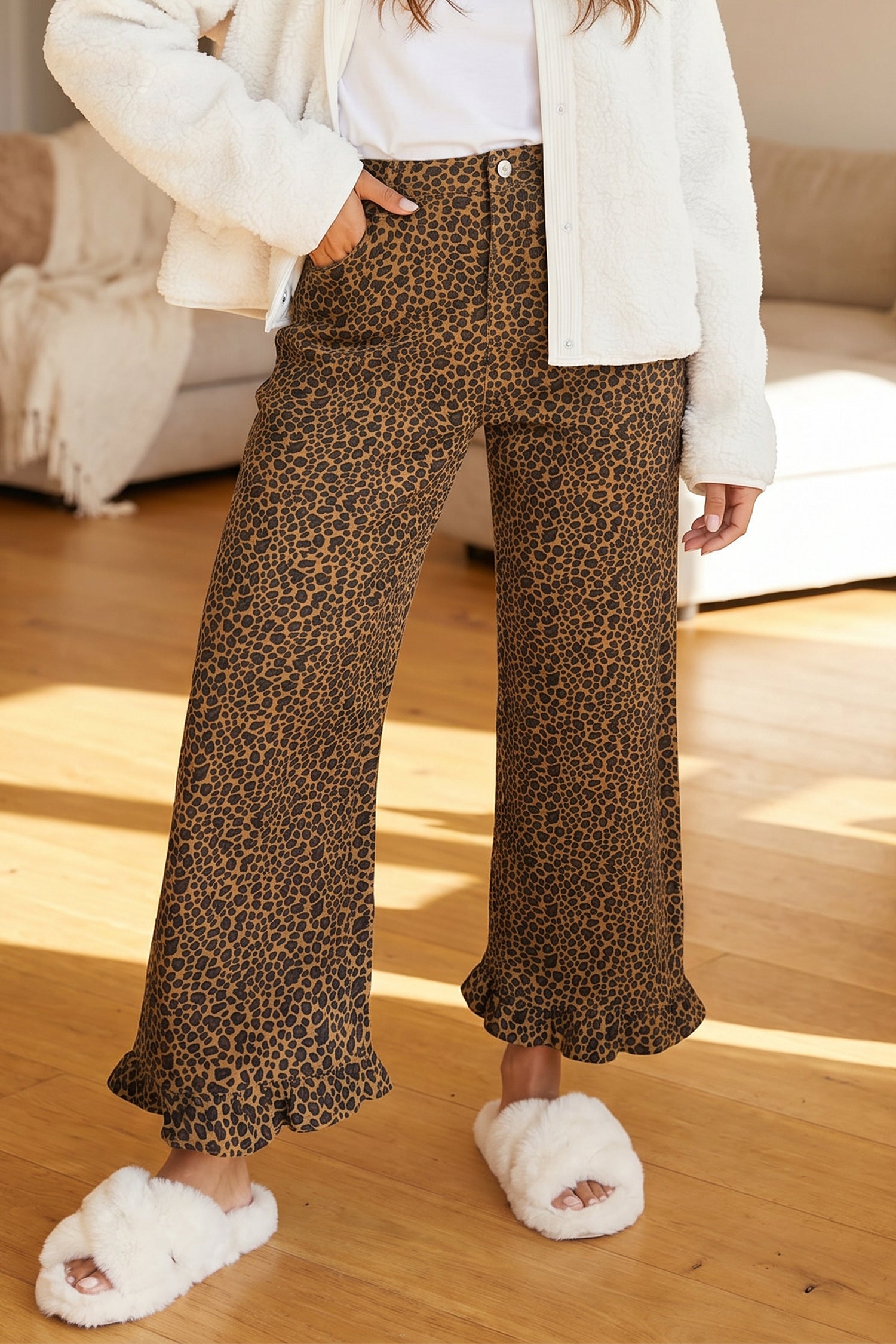 Brown Leopard Print Ruffled Hem Shift Jeans-Bottoms/Jeans-[Adult]-[Female]-2022 Online Blue Zone Planet