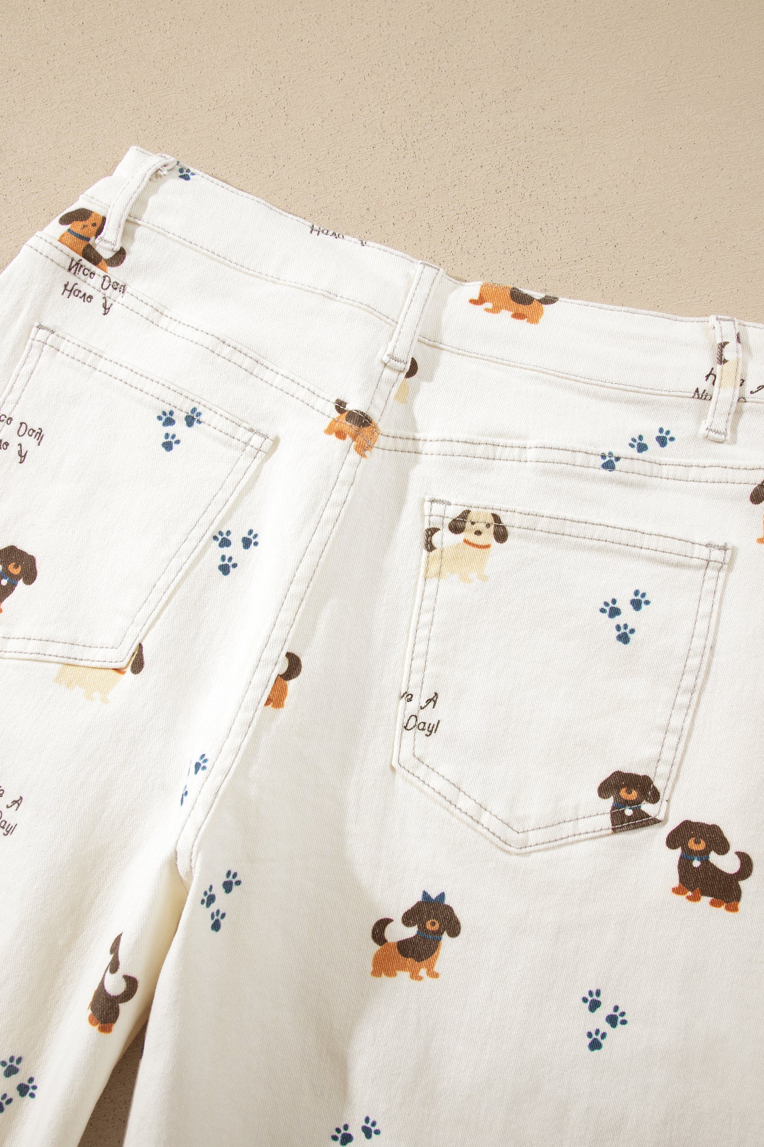 White Abstract Dog Print Wide Leg Full-Length Jeans-Bottoms/Jeans-[Adult]-[Female]-2022 Online Blue Zone Planet